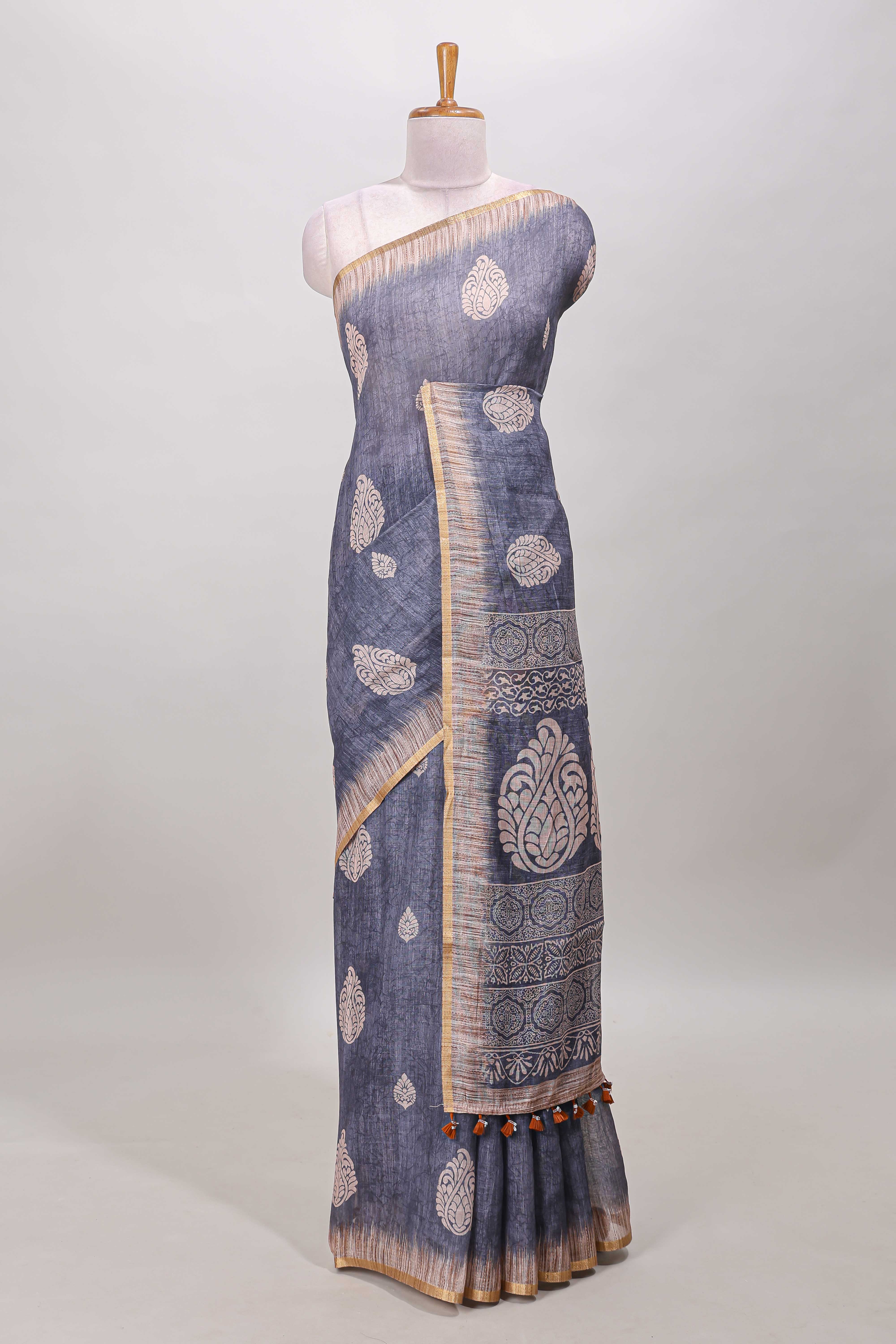 Slate blue grey paisley linen cotton saree