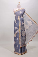 Slate blue grey paisley motifs linen cotton saree