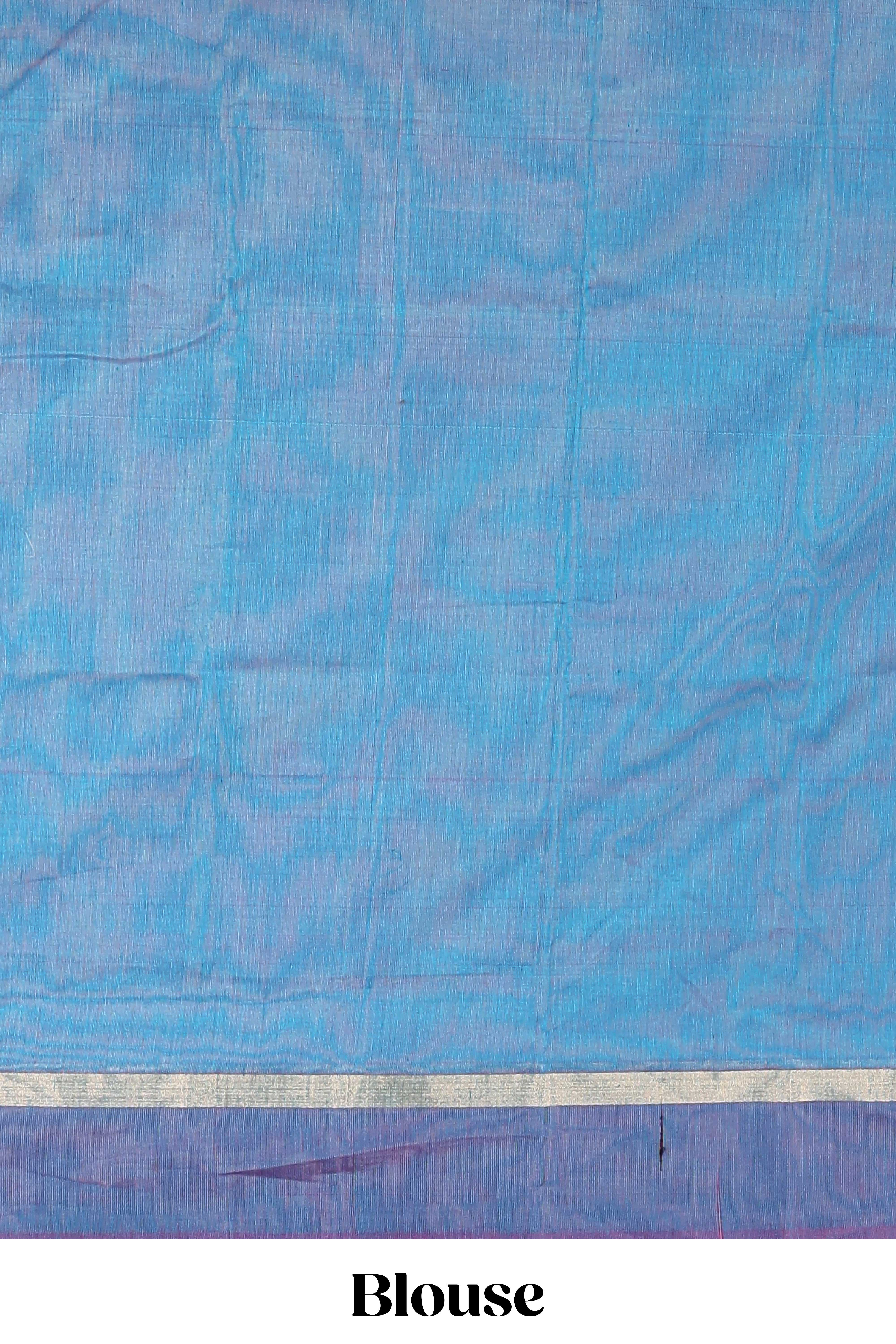 Peacock green plain ikkat cotton saree with contrast border and zari striped pallu