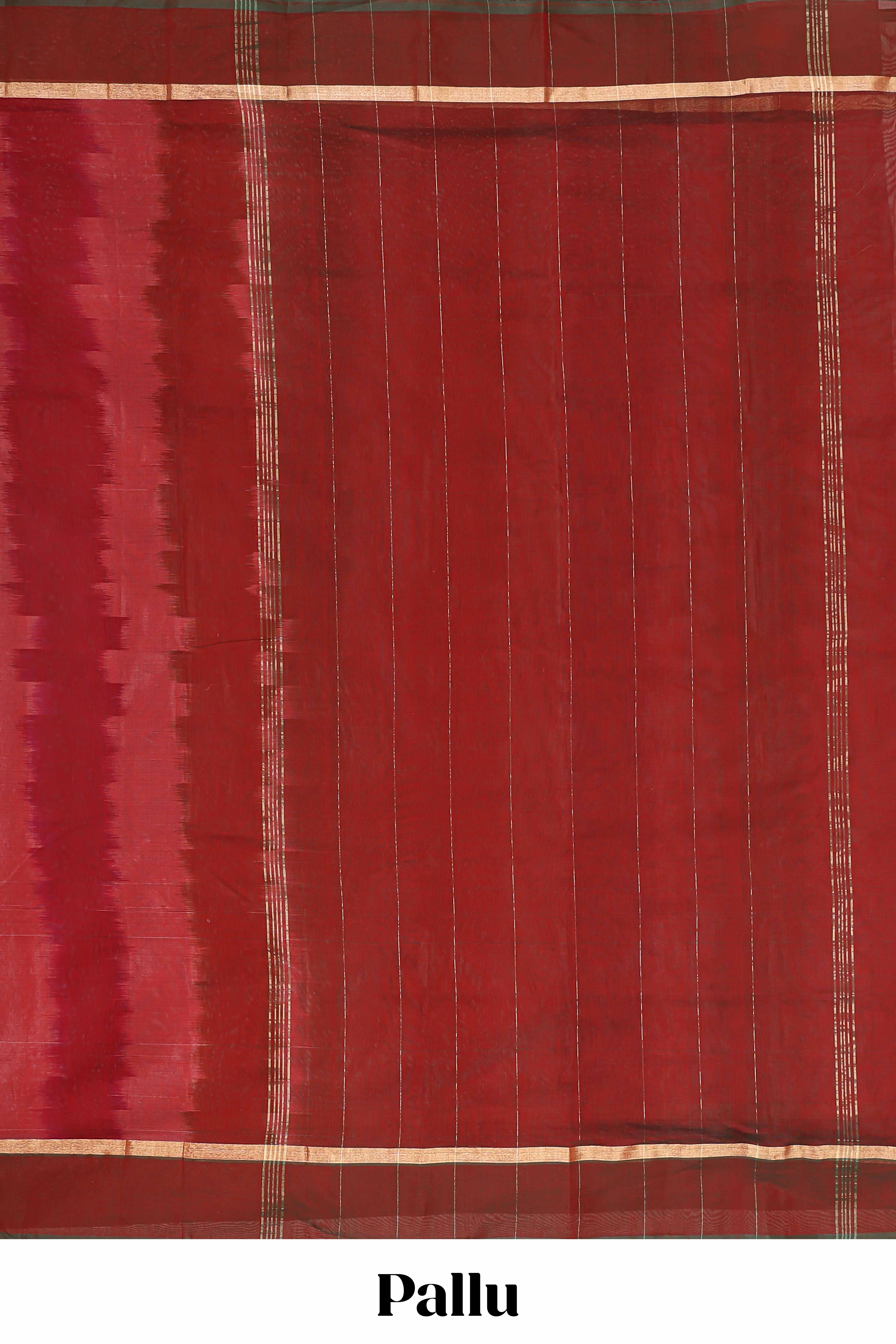 Maroon plain ikkat cotton saree with contrast border and zari striped pallu