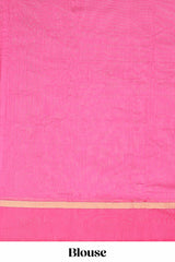 Pink plain ikkat cotton saree with contrast border and zari striped pallu