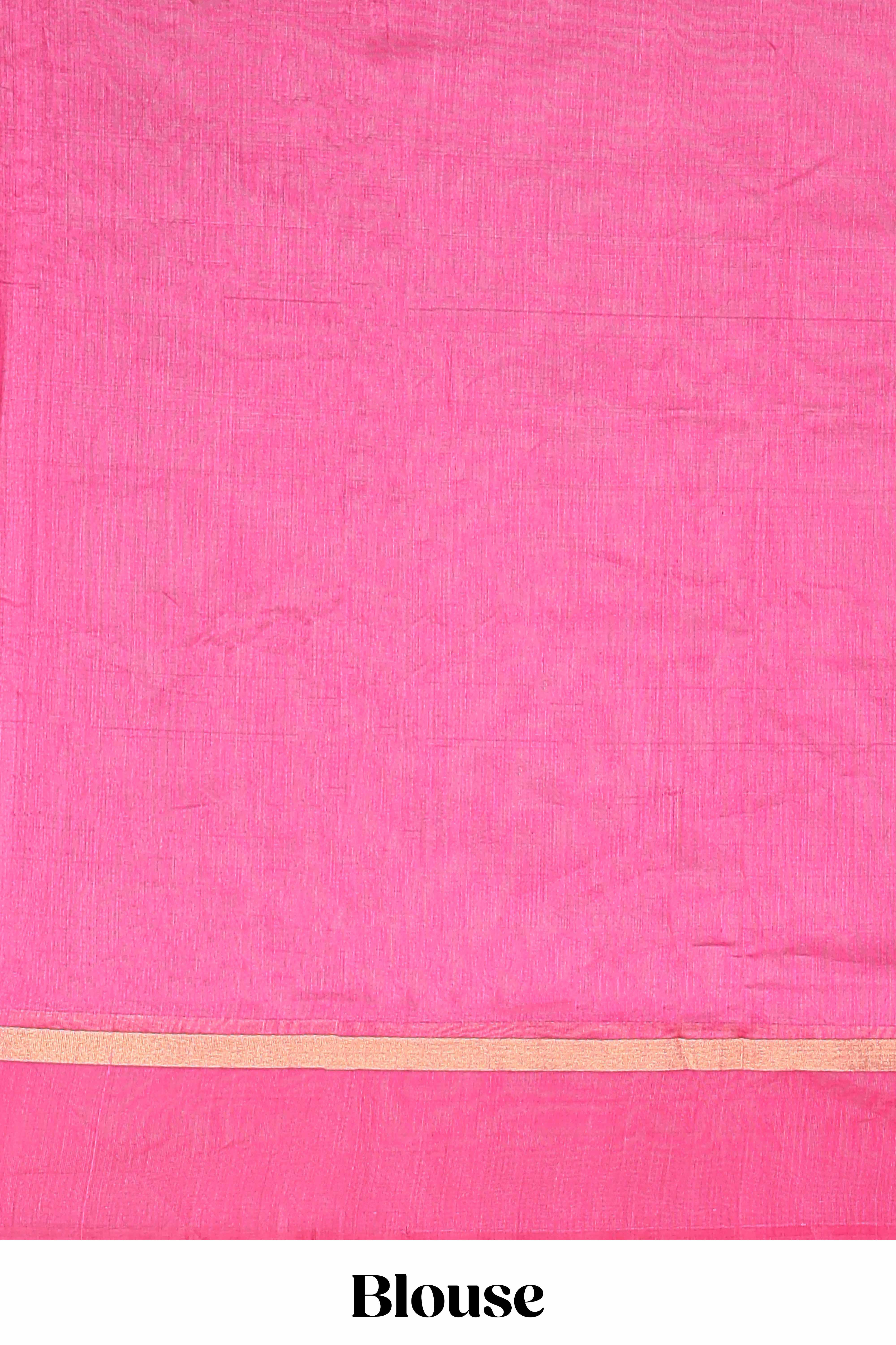 Pink plain ikkat cotton saree with contrast border and zari striped pallu
