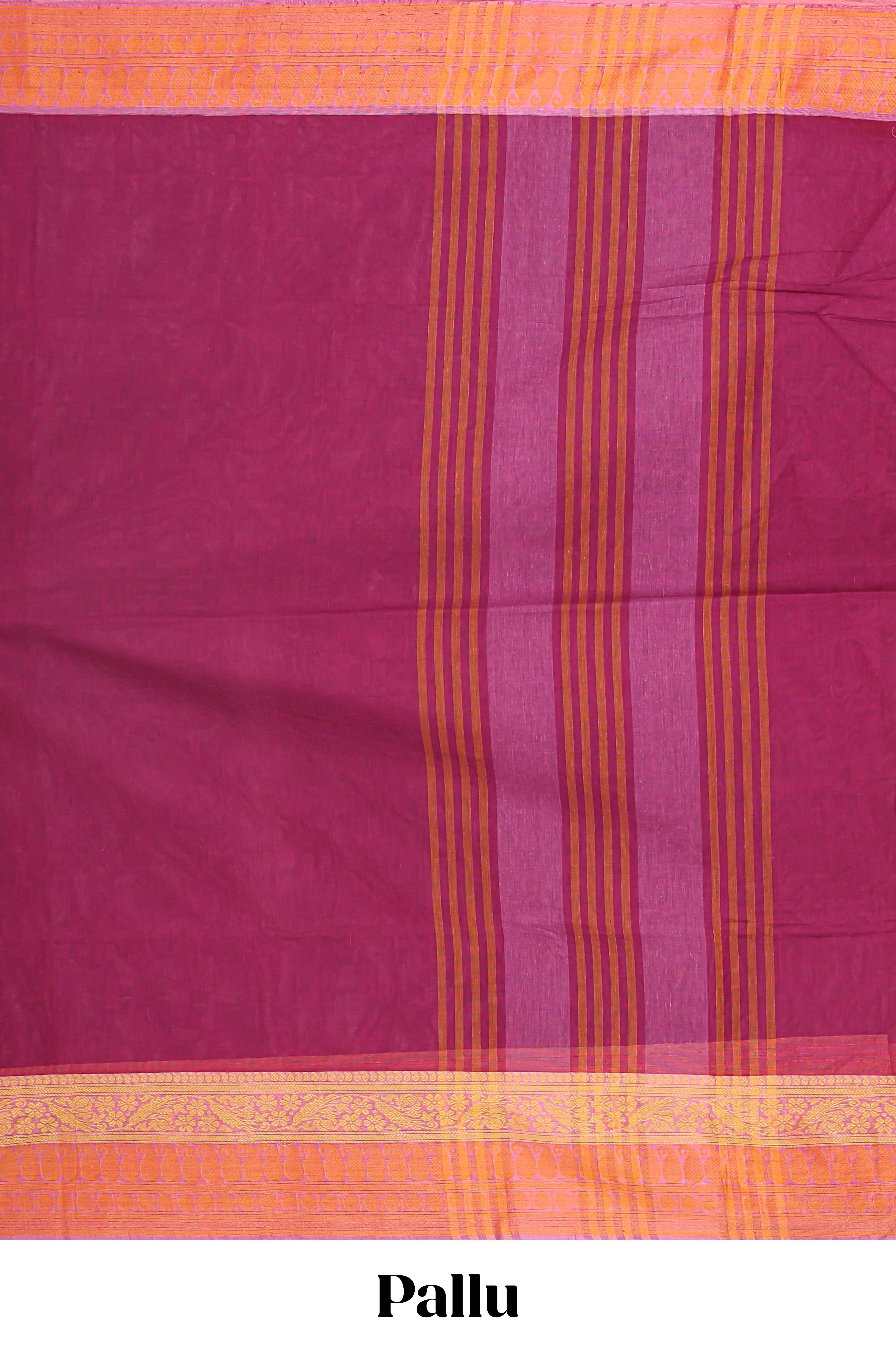 Maroon plain chirala cotton saree with contrast border and striped pallu