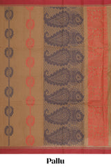 Brown striped leaf motifs kovai cotton saree with contrast border and matching pallu