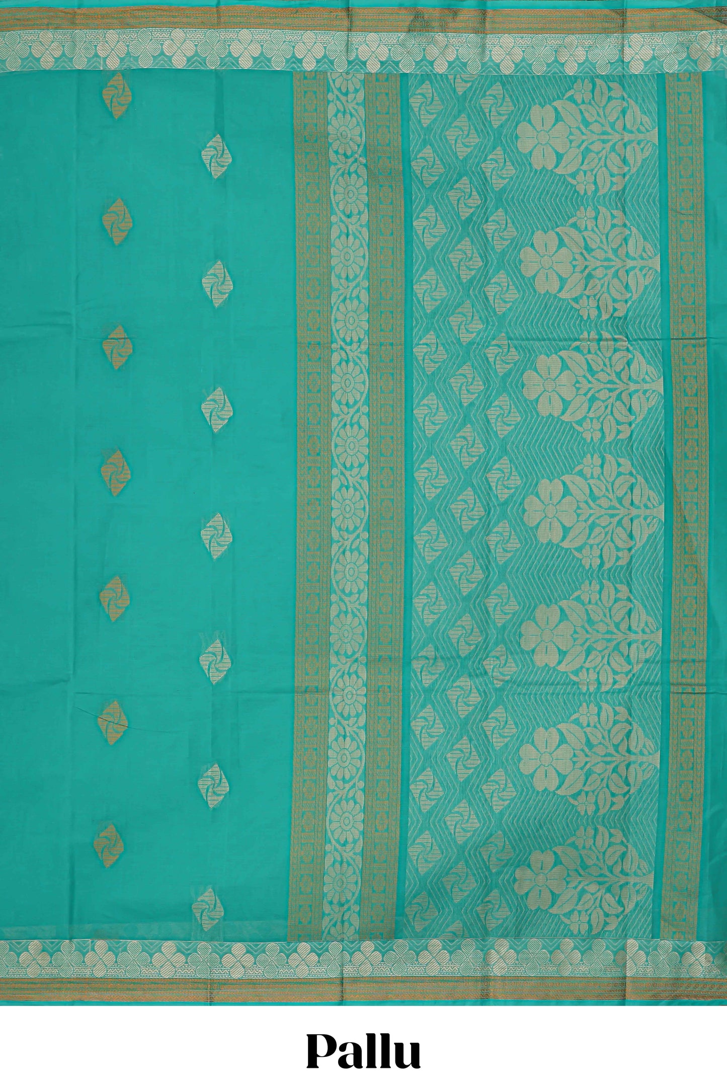 Turquoise green geometric motifs Kovai cotton saree with self border and matching pallu