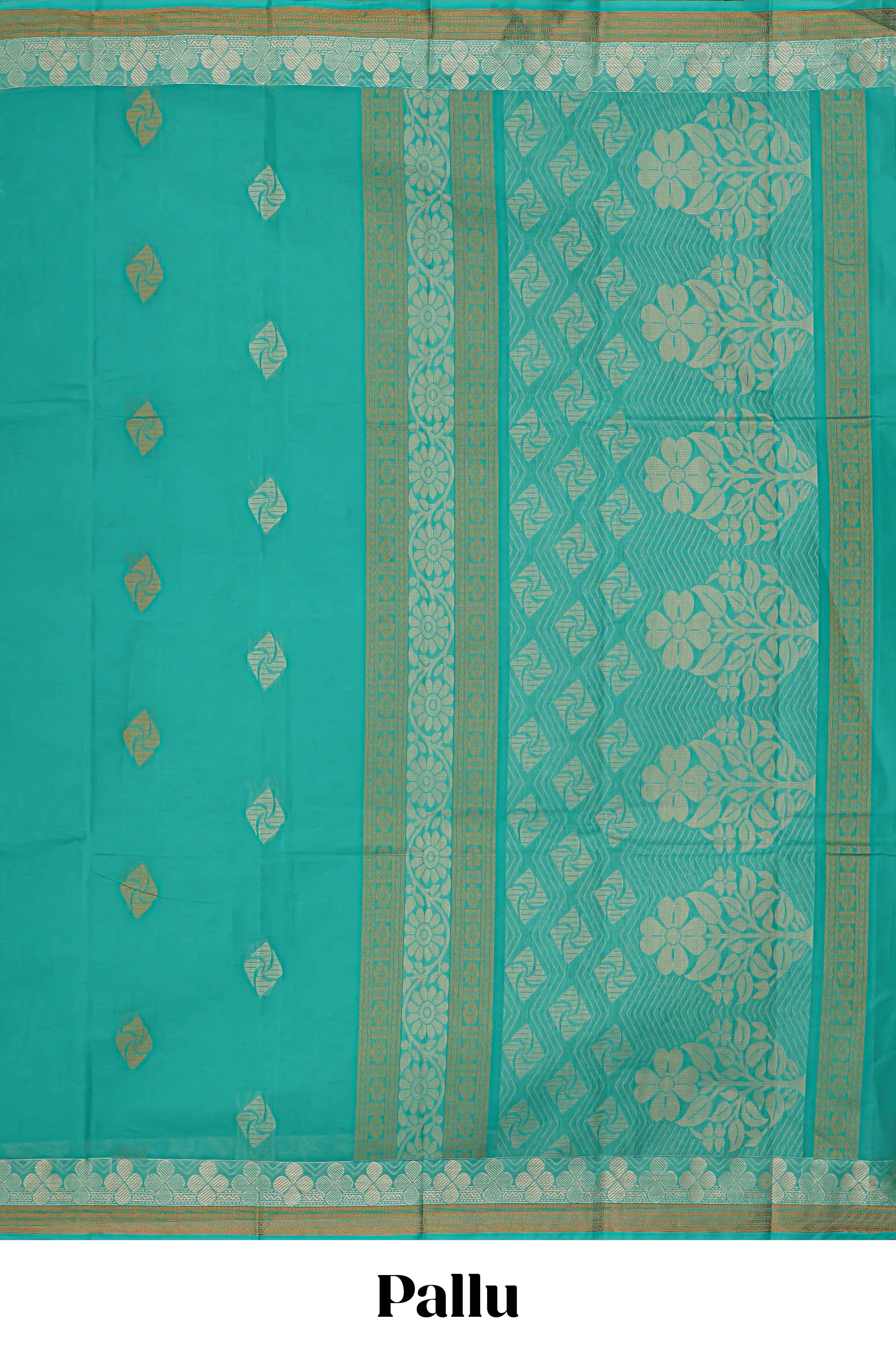 Turquoise green geometric motifs Kovai cotton saree with self border and matching pallu