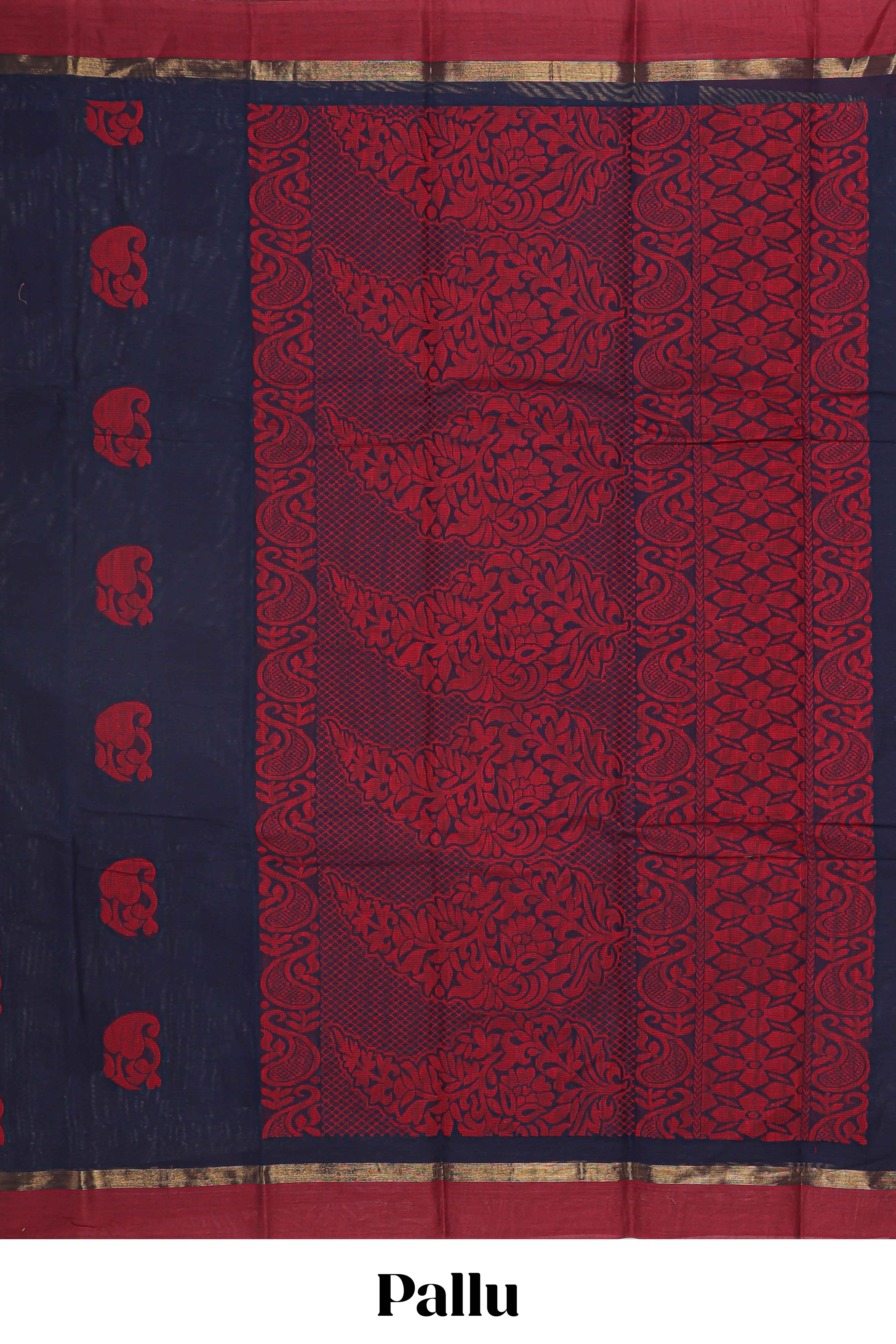 Navy blue floral motifs kovai cotton saree with contrast border and matching pallu
