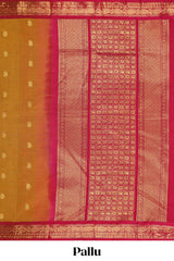 Mustard zari motifs kovai cotton saree with contrast border and zari design pallu