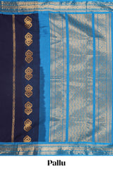Dark blue geometric zari motifs kovai cotton saree with contrast border and zari design pallu