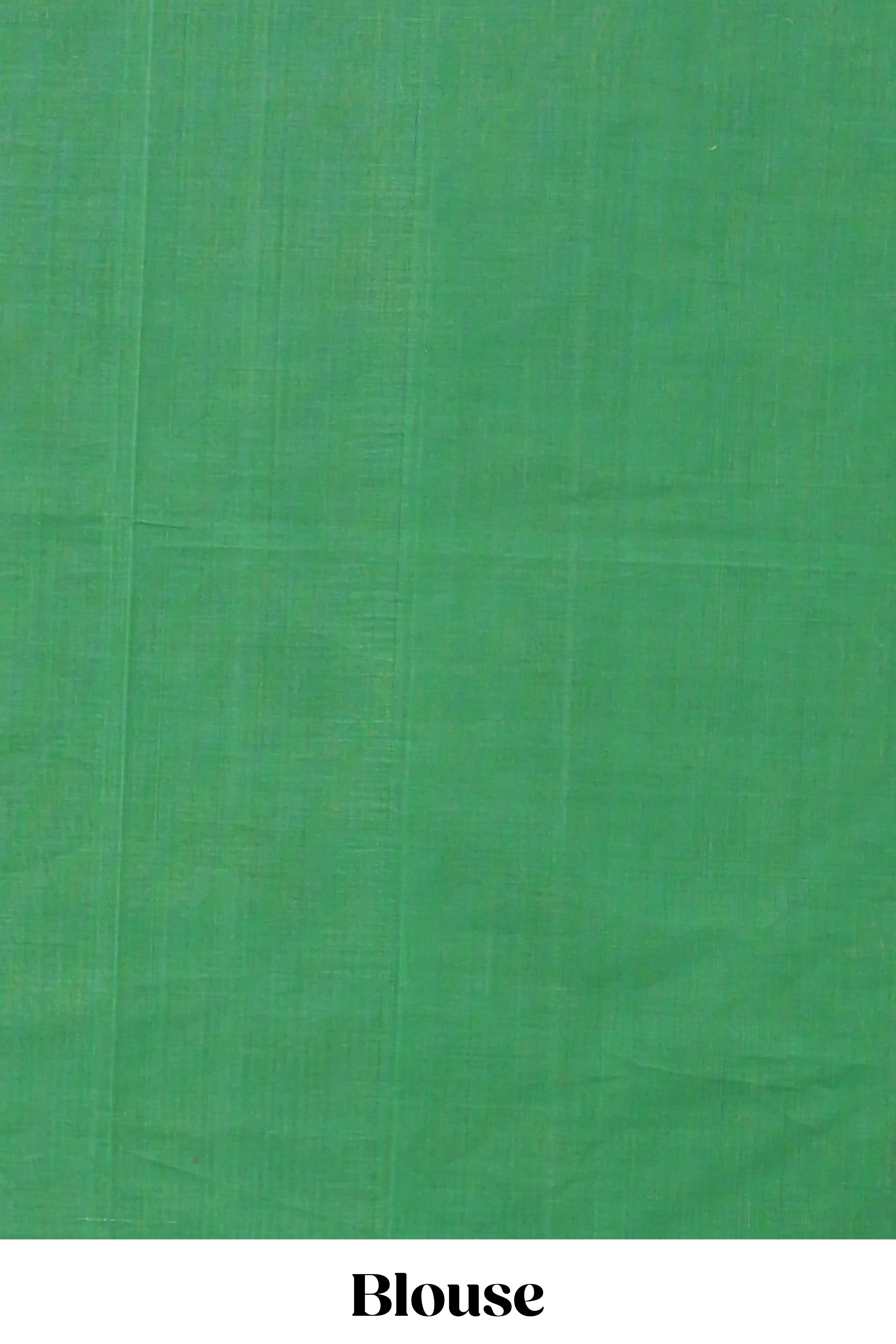 Green geometric pattern kovai cotton saree with contrast border and checked design pallu and matching blouse