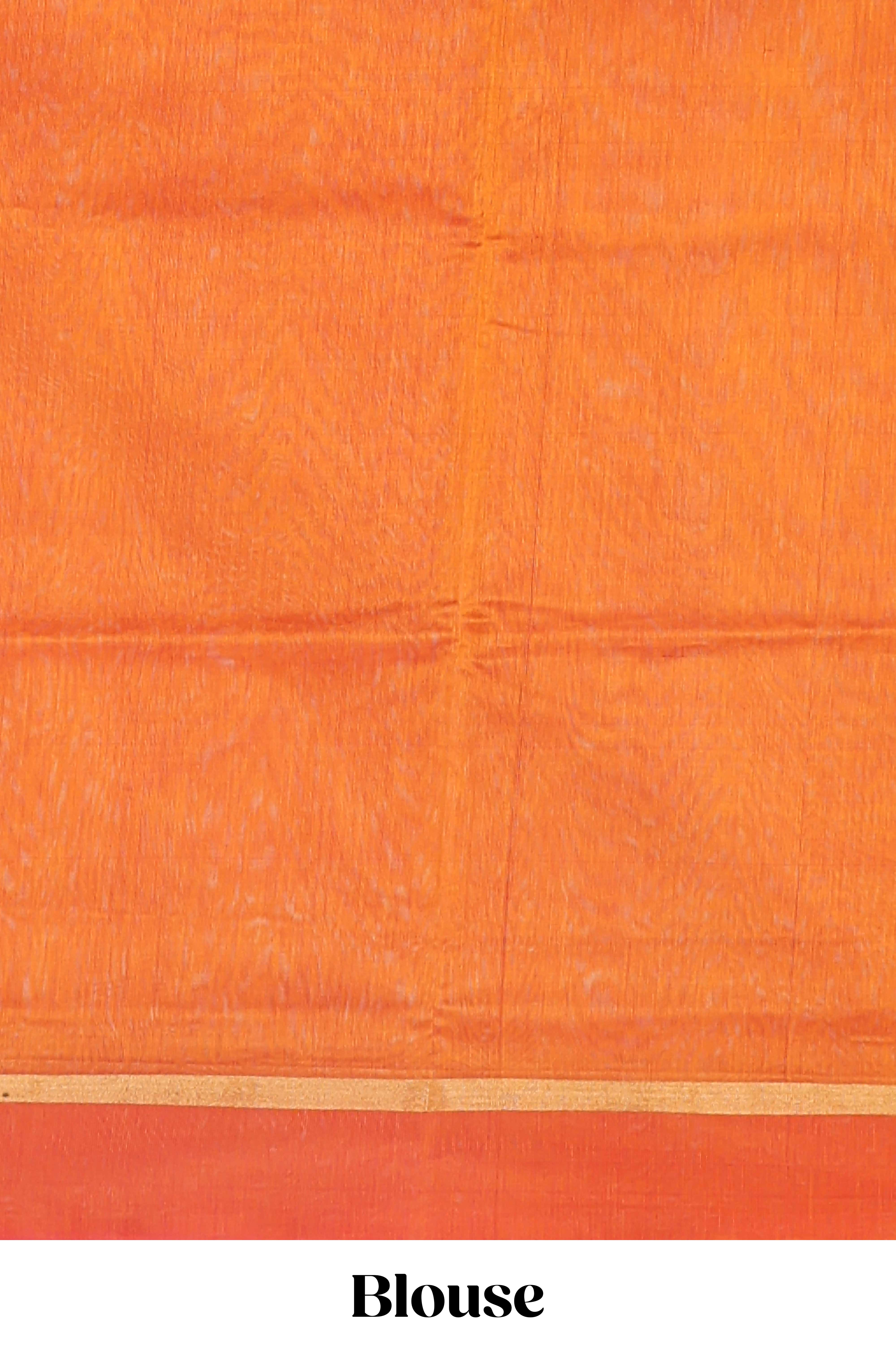 Orange plain ikkat cotton saree with contrast border and zari striped pallu