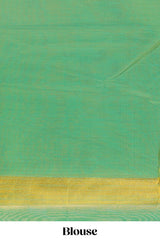 Peacock green leaf zari motifs semisilk cotton saree with contrast zari pallu and blouse