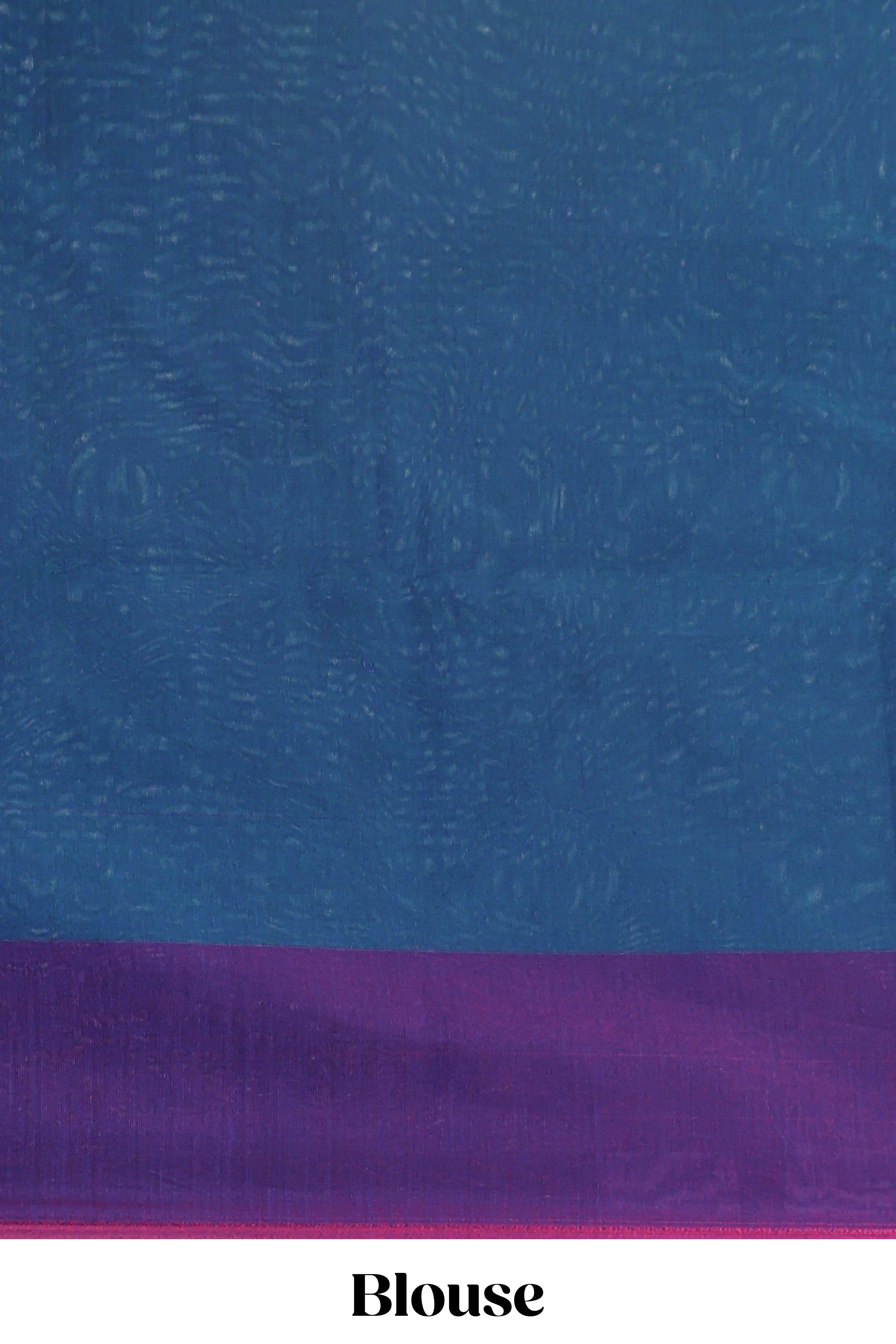 Blue zari motifs semisilk cotton saree with contrast zari border and matching blouse
