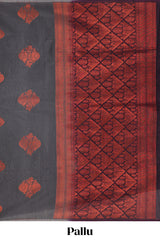 Borderless grey floral motifs semisilk cotton saree with contrast zari pallu and blouse