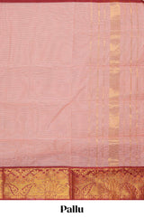 Baby pink plain venkatagiri cotton saree with contrast zari border and striped pallu