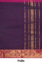 Dark purple plain venkatagiri cotton saree with contrast zari border and striped pallu