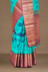 Teal artisan dyed linen saree