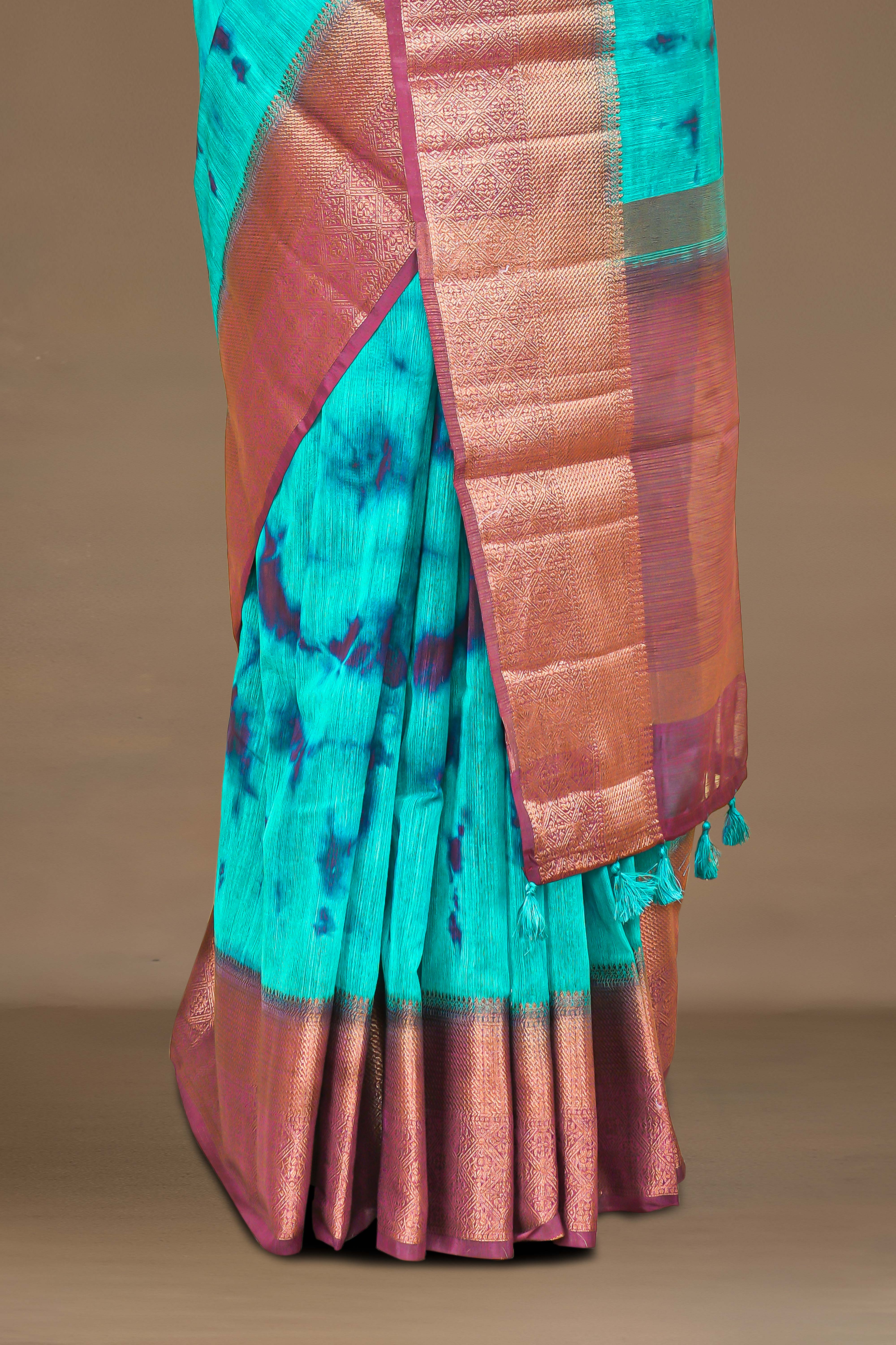 Teal artisan dyed linen saree