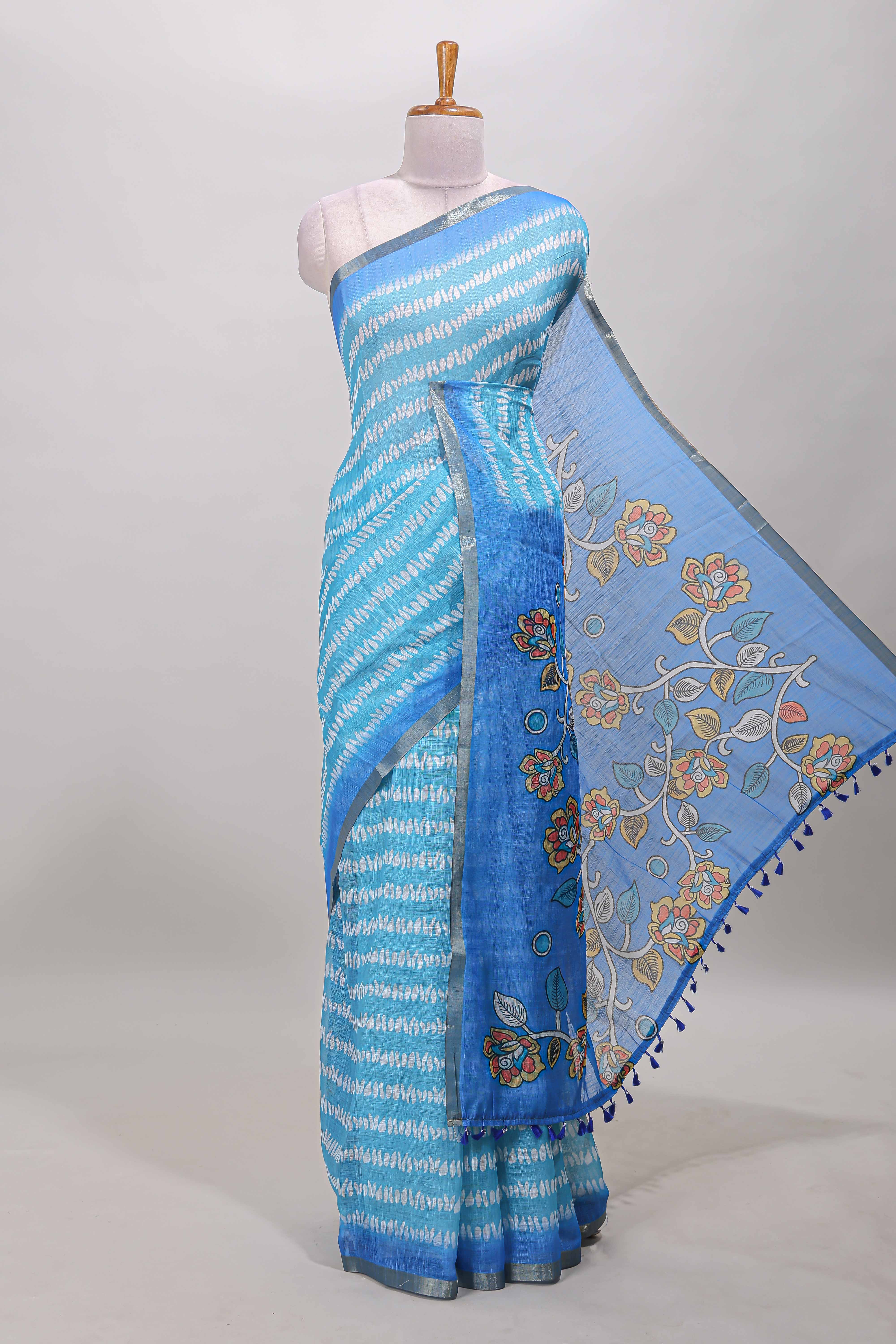 Turquoise blue floral petal striped design linen cotton saree