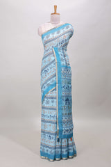 Turquoise blue linen cotton saree
