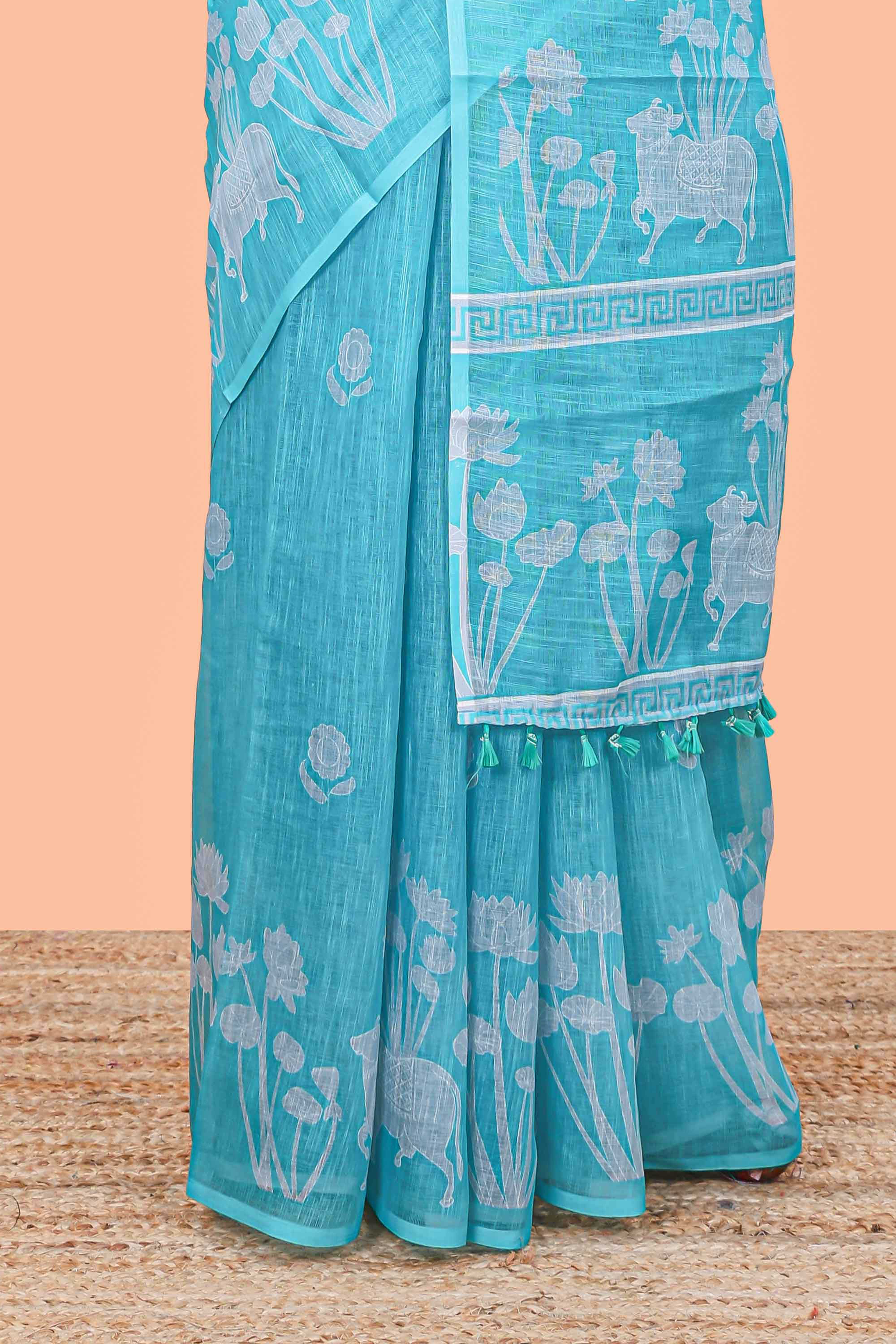Turquoise blue linen cotton saree lightweight design