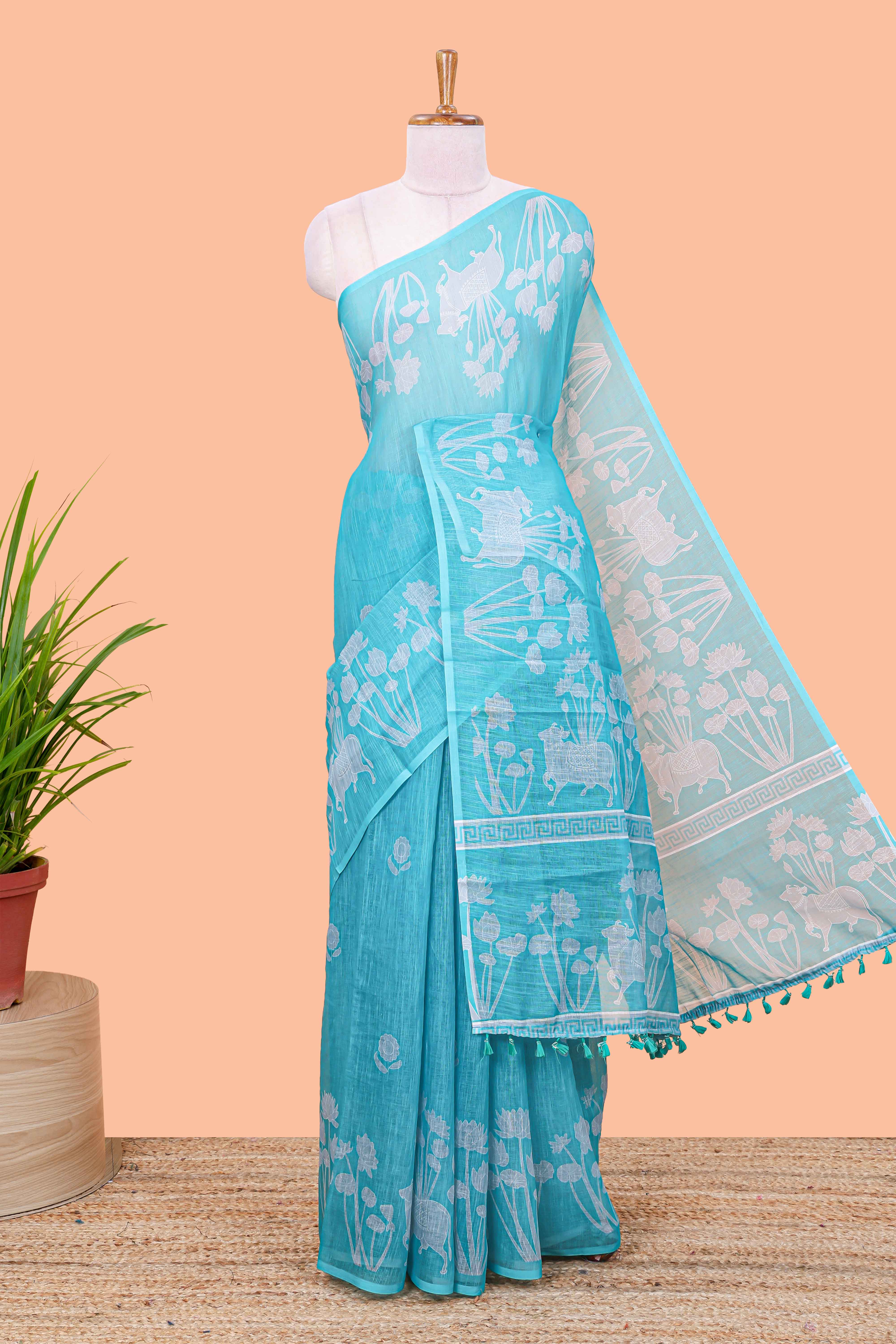 Turquoise blue linen cotton saree with contrast pallu
