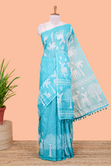 Turquoise blue linen cotton sarees with contrast pallu