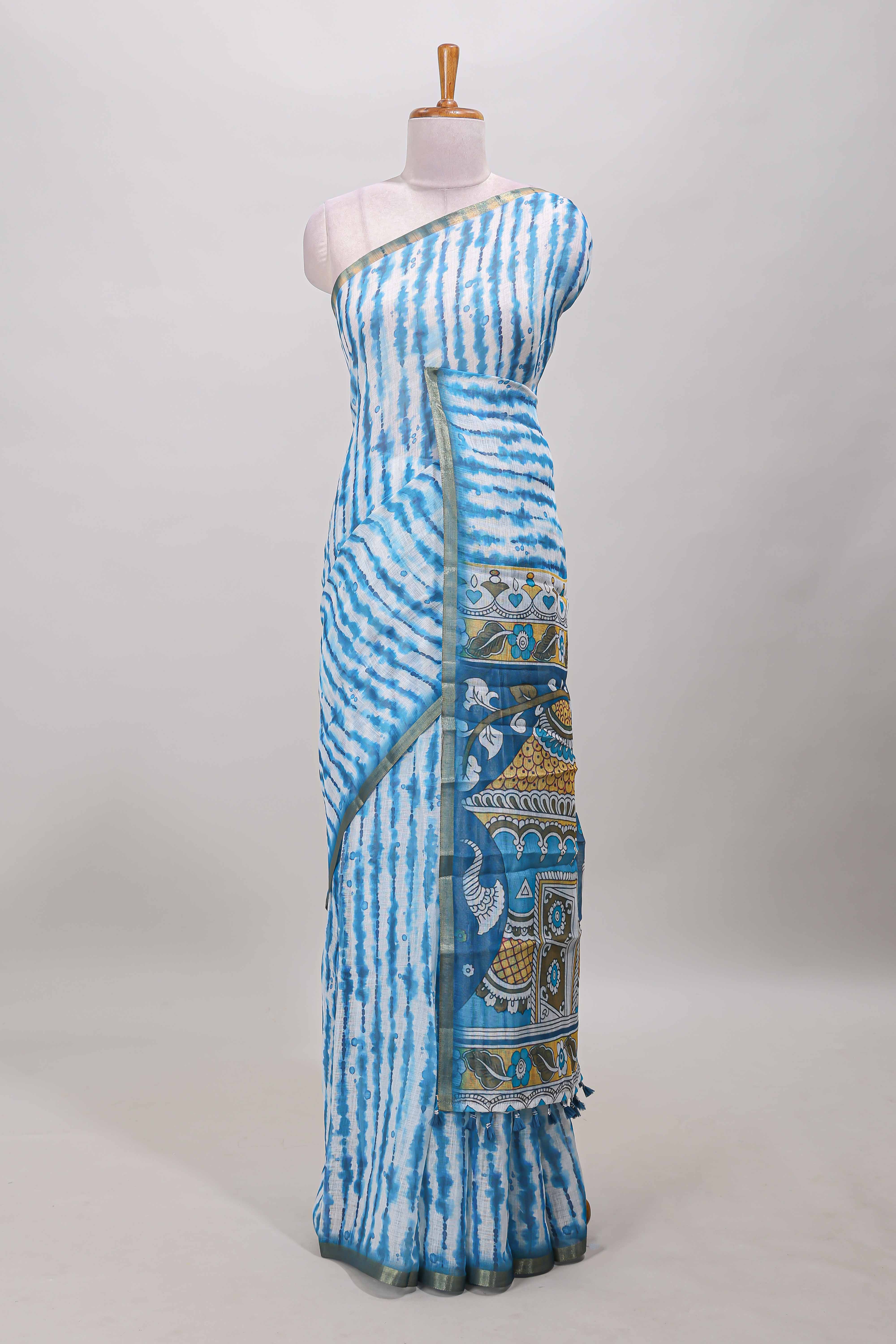 Turquoise blue shibori linen cotton saree