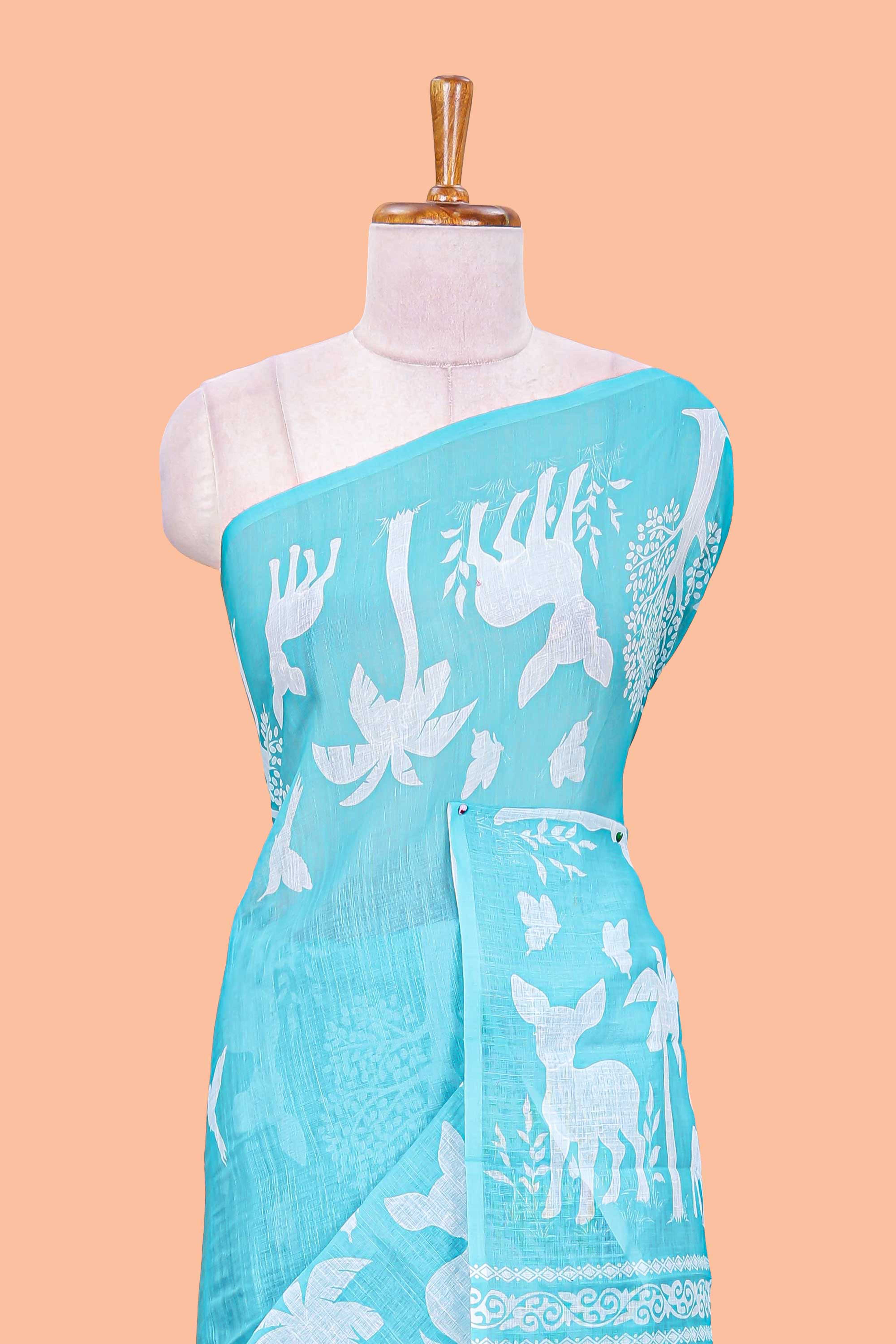 Turquoise cotton linen sarees for daily wear