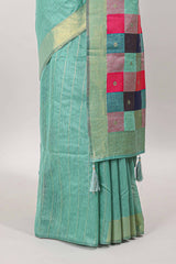 Turquoise green contrast checked pallu linen cotton saree