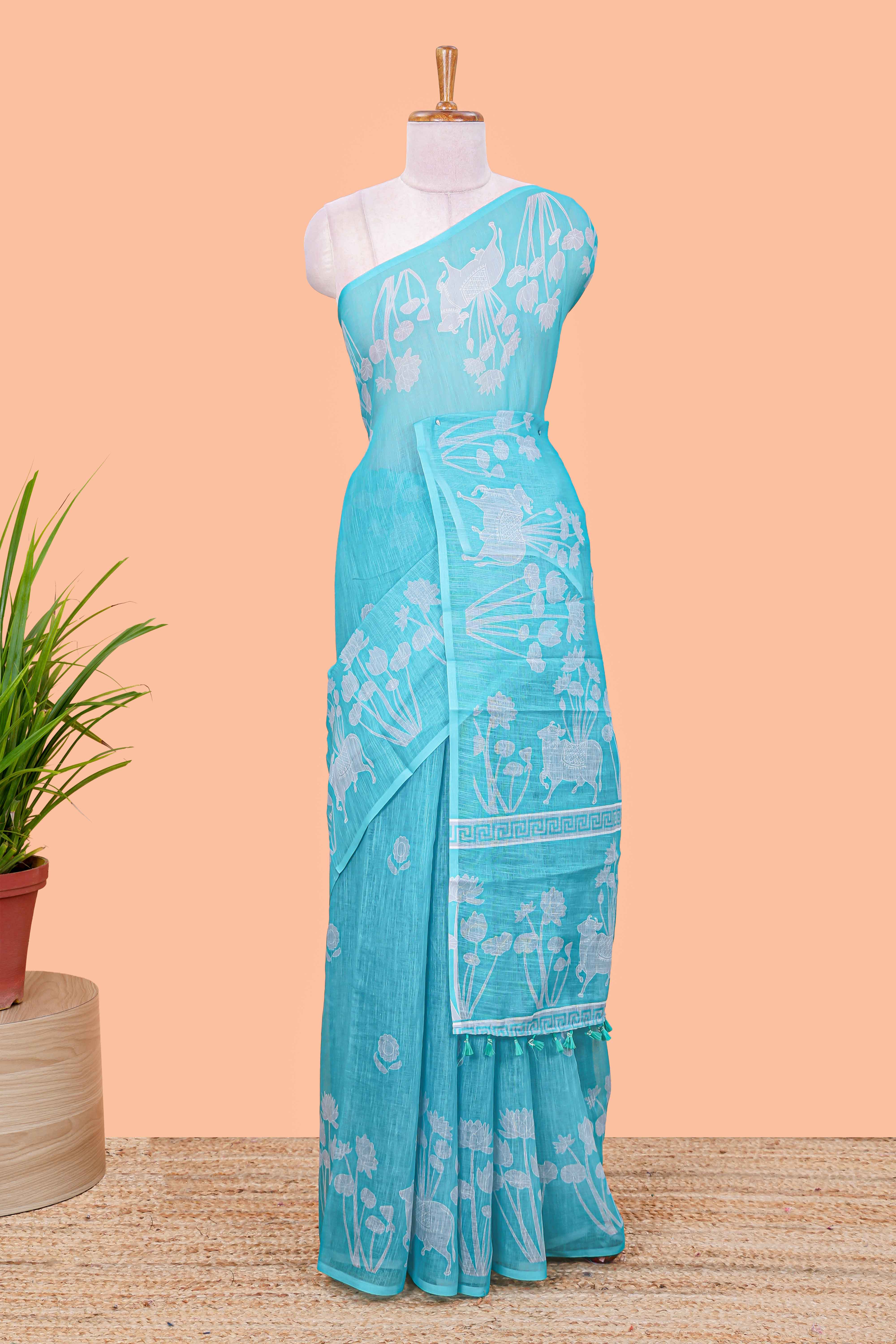 Turquoise linen cotton saree for festive wear