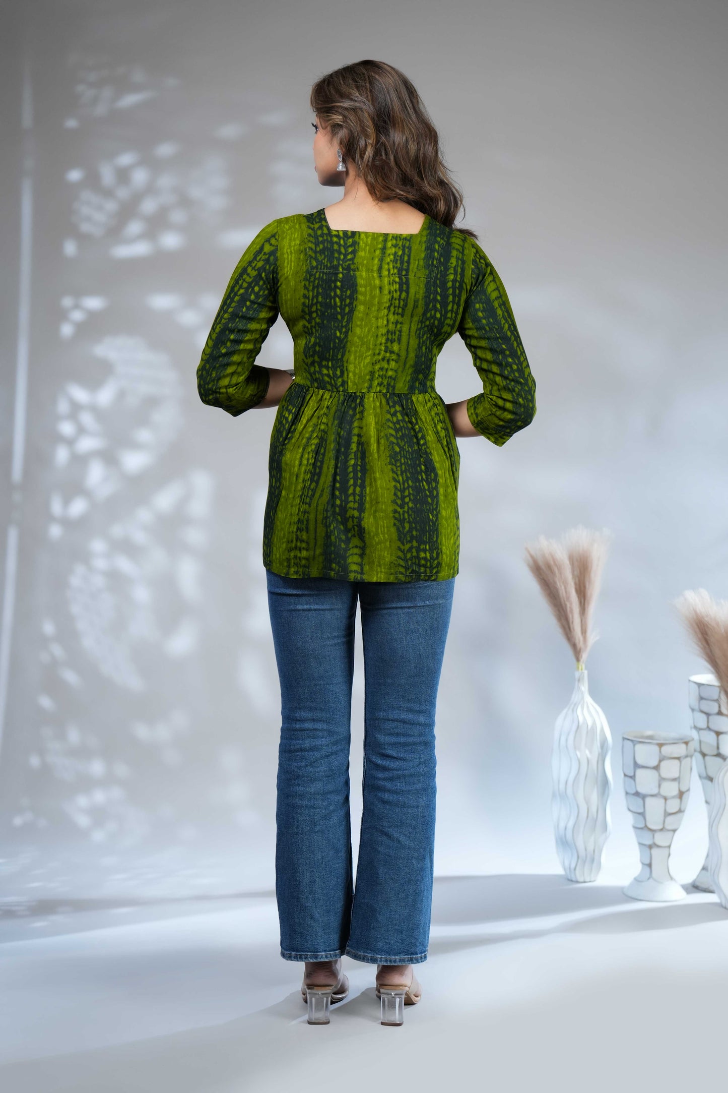Forest Green Shibori Tie-Dye Print Short Kurti with Vertical Stripes, 3/4 Sleeves & Tassel Tie-Up Neck