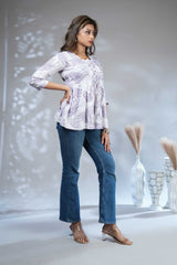 Cream Shibori Tie-Dye Print Short Kurti with Vertical Stripes, 3/4 Sleeves & Tassel Tie-Up Neck