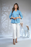 Sky blue floral design Short Kurti with Vertical Stripes, 3/4 Sleeves Collar Neck