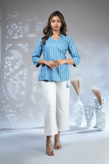 Sky blue floral design Short Kurti with Vertical Stripes, 3/4 Sleeves Collar Neck
