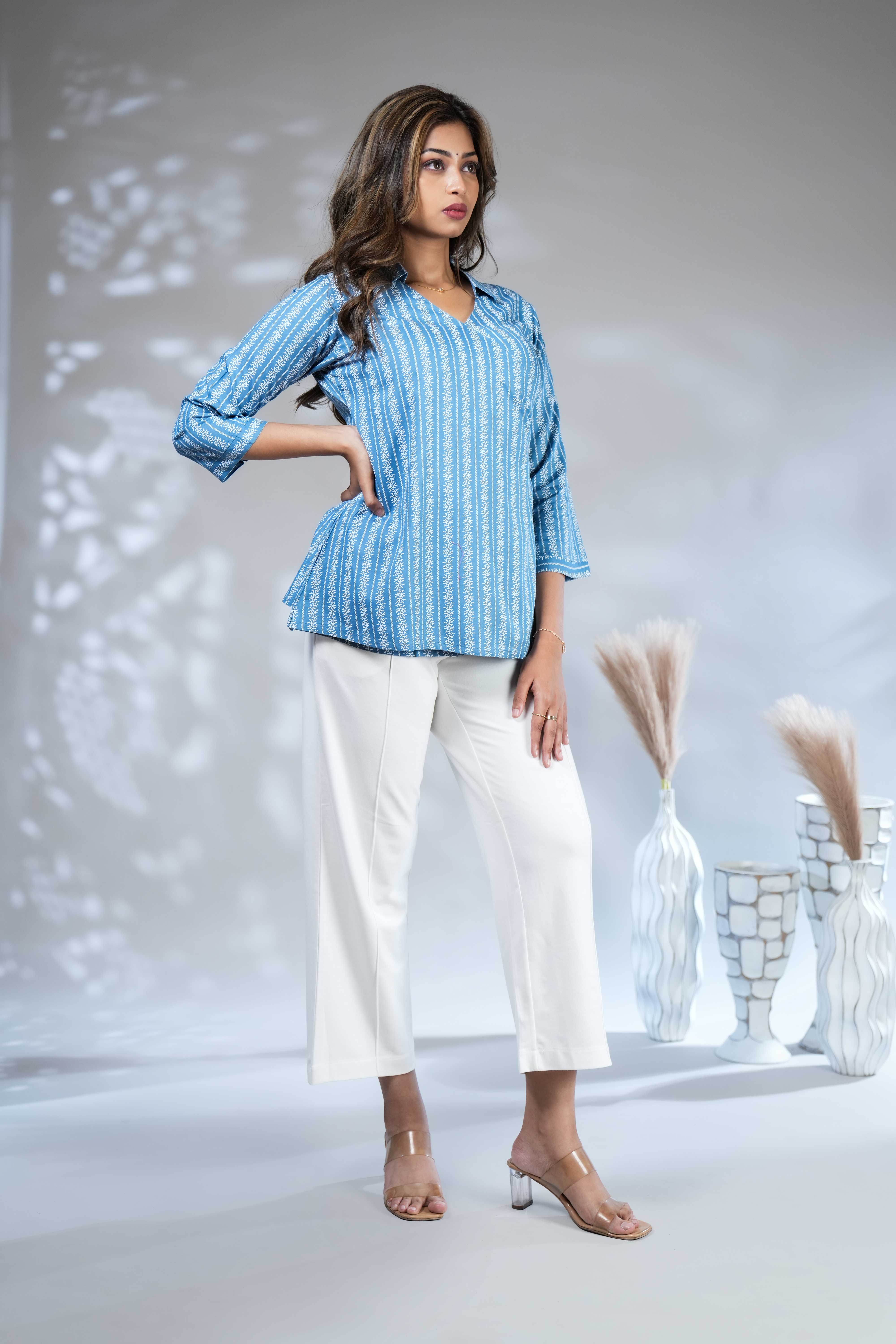 Sky blue floral design Short Kurti with Vertical Stripes, 3/4 Sleeves Collar Neck