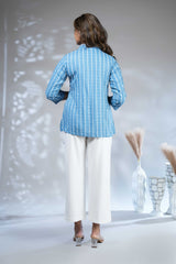 Sky blue floral design Short Kurti with Vertical Stripes, 3/4 Sleeves Collar Neck