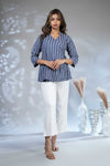 Dark blue floral design Short Kurti with Vertical Stripes, 3/4 Sleeves Collar Neck
