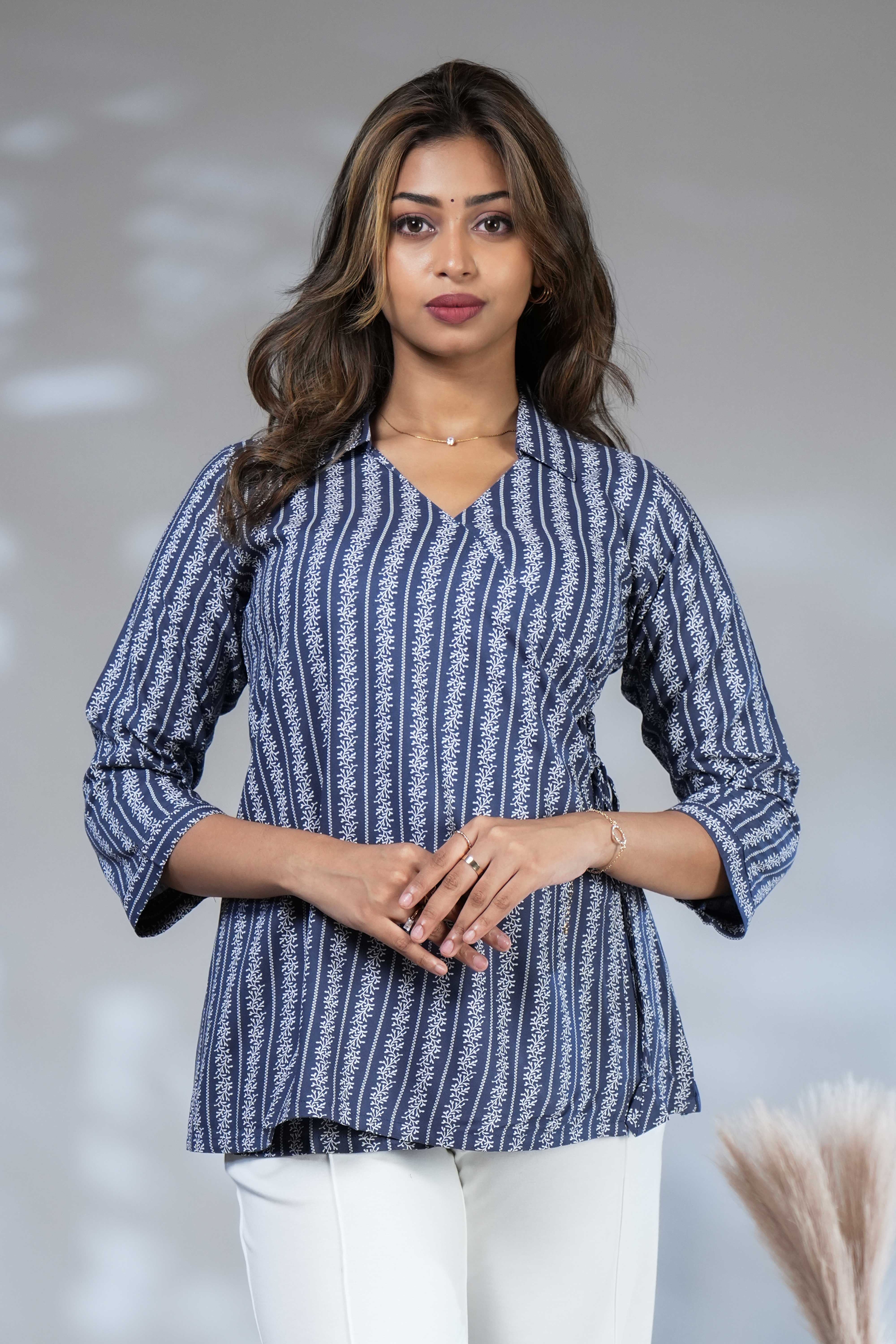 Dark blue floral design Short Kurti with Vertical Stripes, 3/4 Sleeves Collar Neck