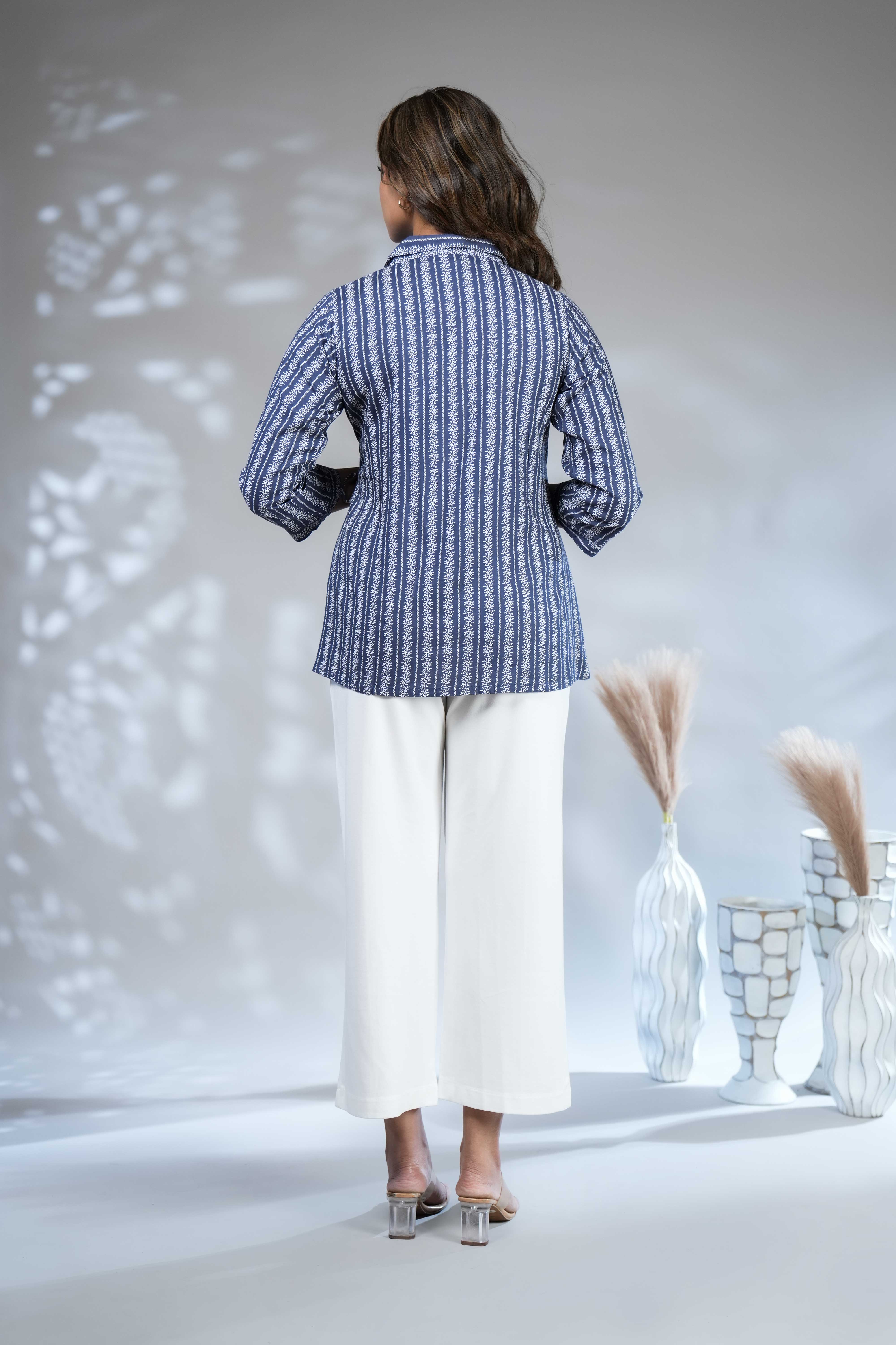 Dark blue floral design Short Kurti with Vertical Stripes, 3/4 Sleeves Collar Neck