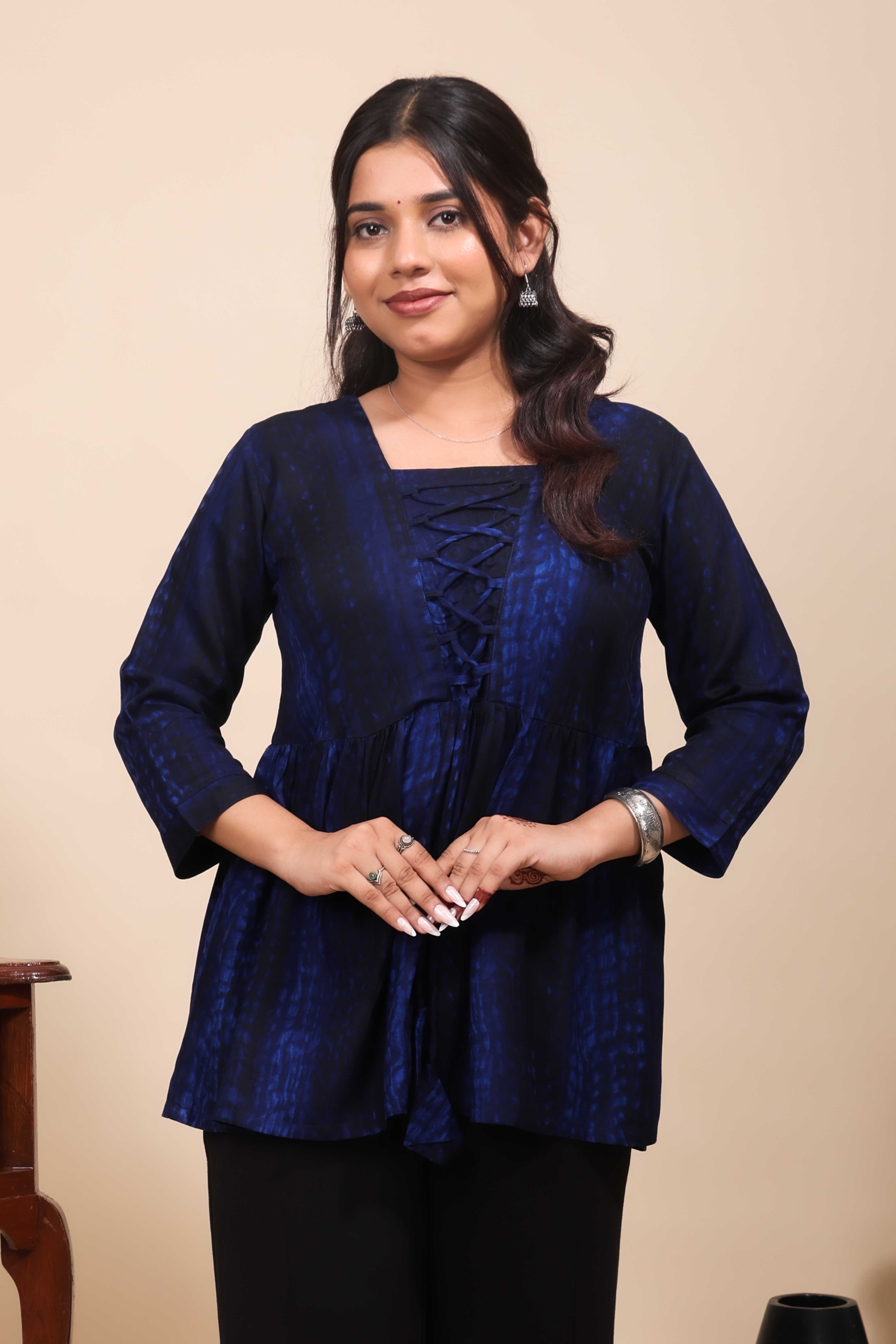 Blue Shibori Tie-Dye Print Short Kurti with Vertical Stripes, 3/4 Sleeves & Tassel Tie-Up Neck