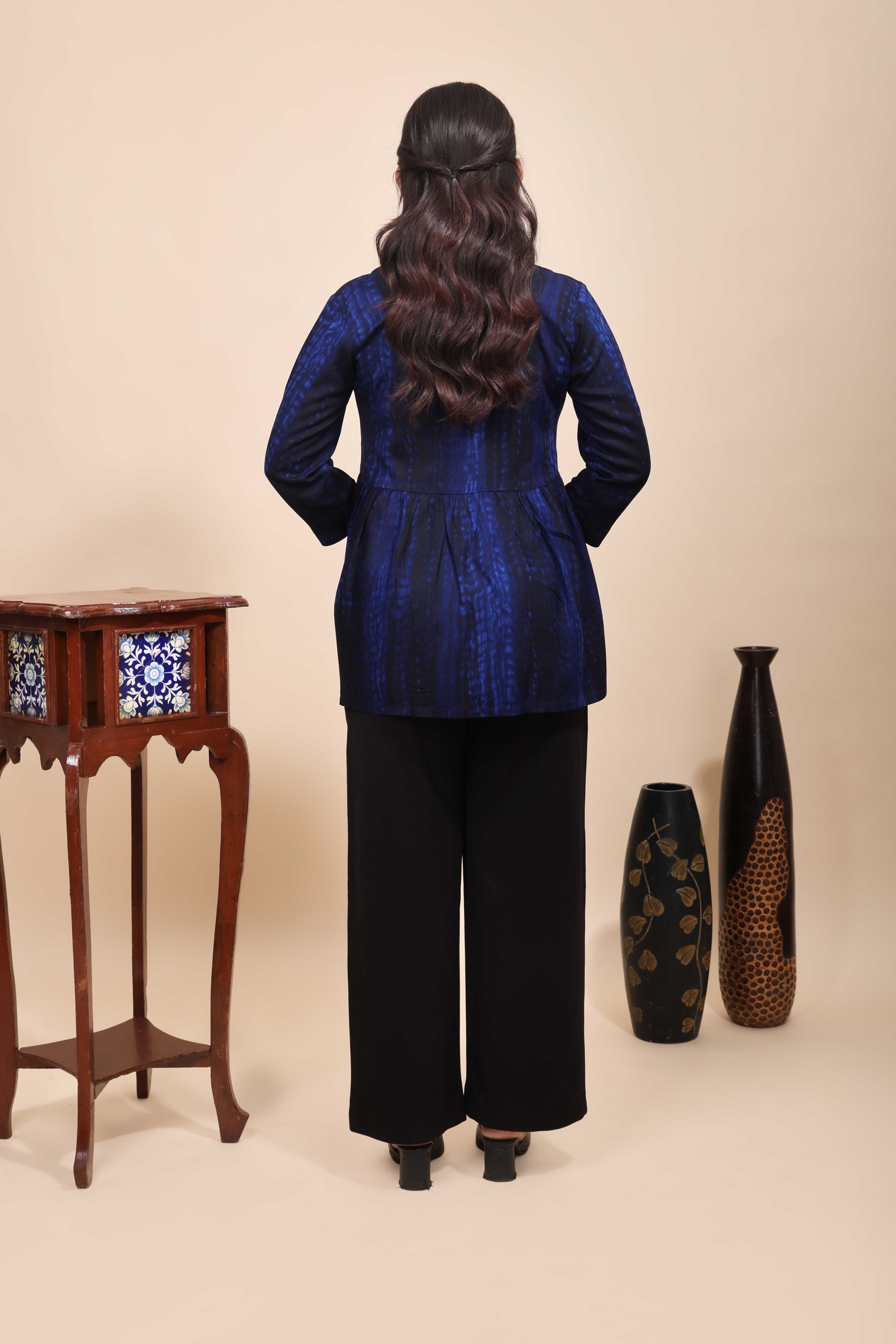 Blue Shibori Tie-Dye Print Short Kurti with Vertical Stripes, 3/4 Sleeves & Tassel Tie-Up Neck
