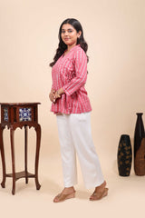 Pink floral design Short Kurti with Vertical Stripes, 3/4 Sleeves Collar Neck