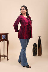 Pink Shibori Tie-Dye Print Short Kurti with Vertical Stripes, 3/4 Sleeves & Tassel Tie-Up Neck