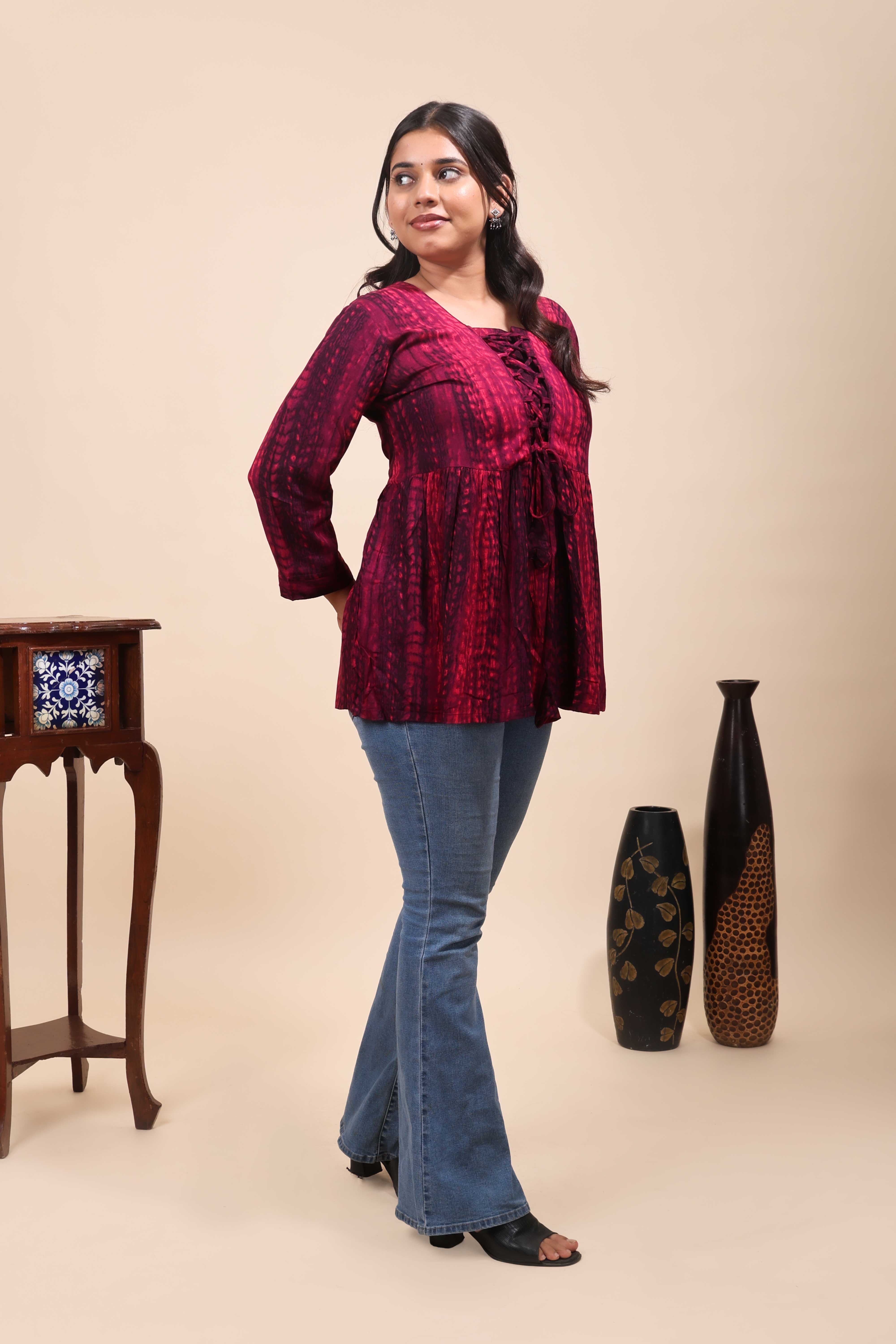 Pink Shibori Tie-Dye Print Short Kurti with Vertical Stripes, 3/4 Sleeves & Tassel Tie-Up Neck