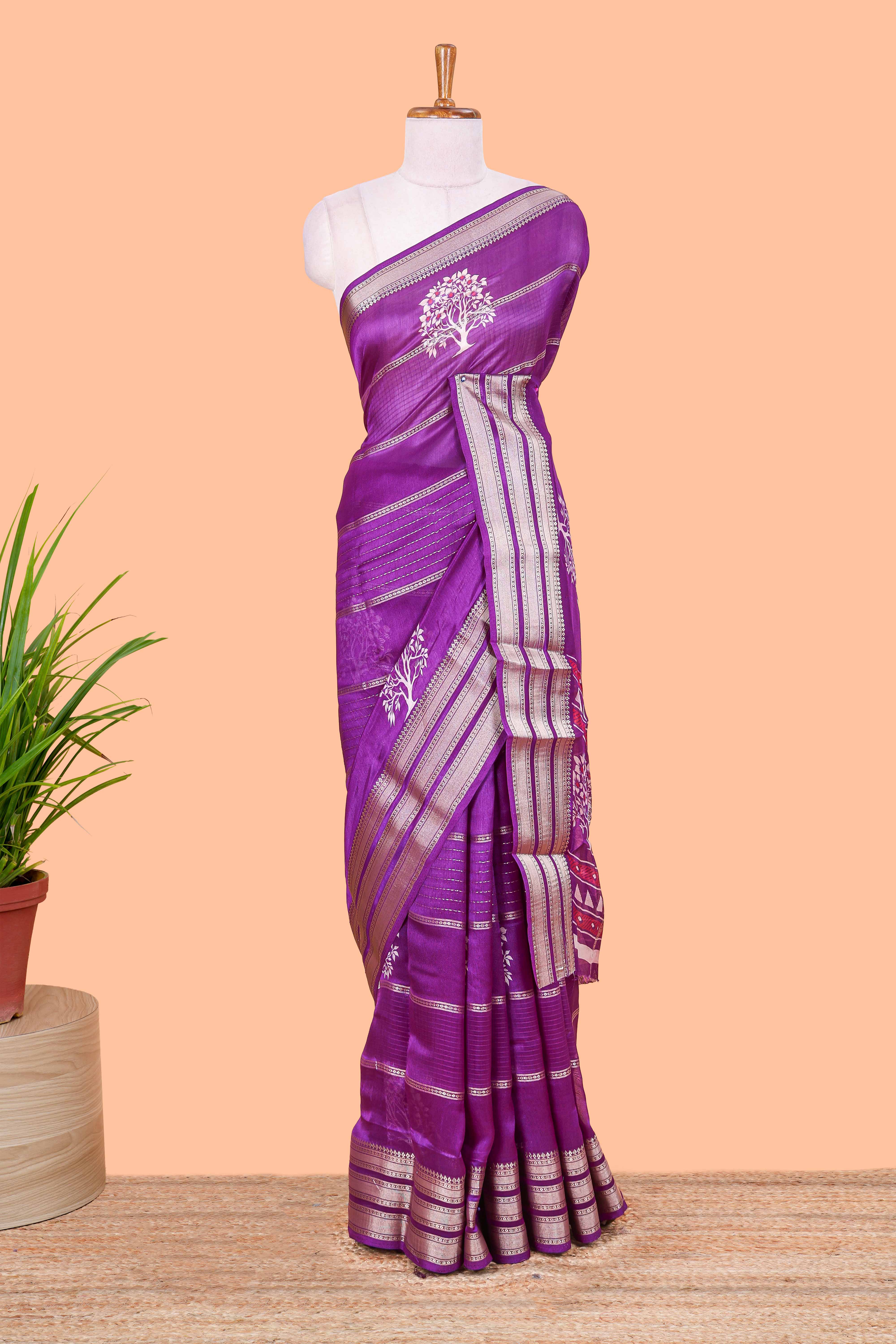 Violet moss chiffon zari border saree