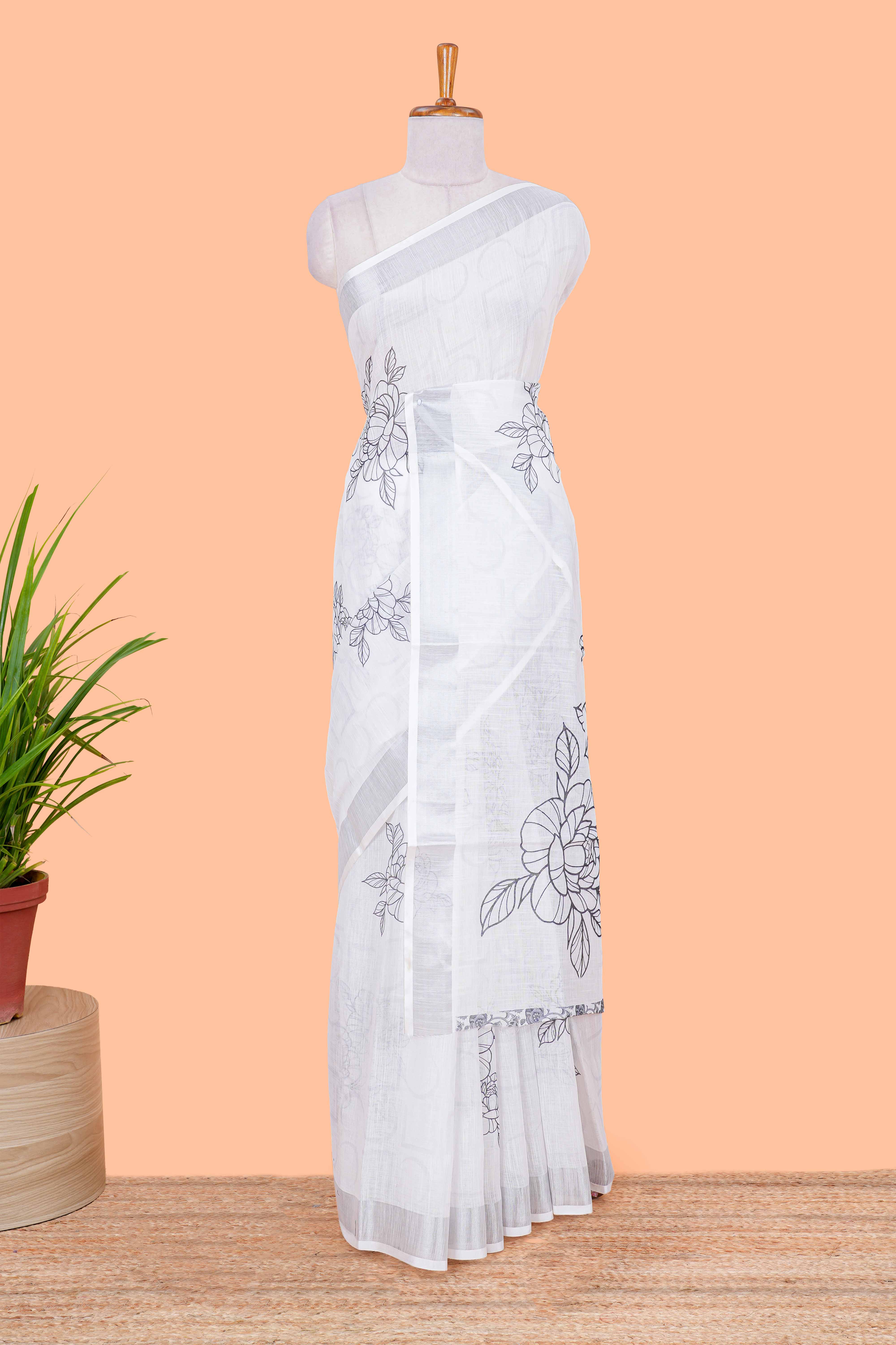White cotton linen saree with zari border