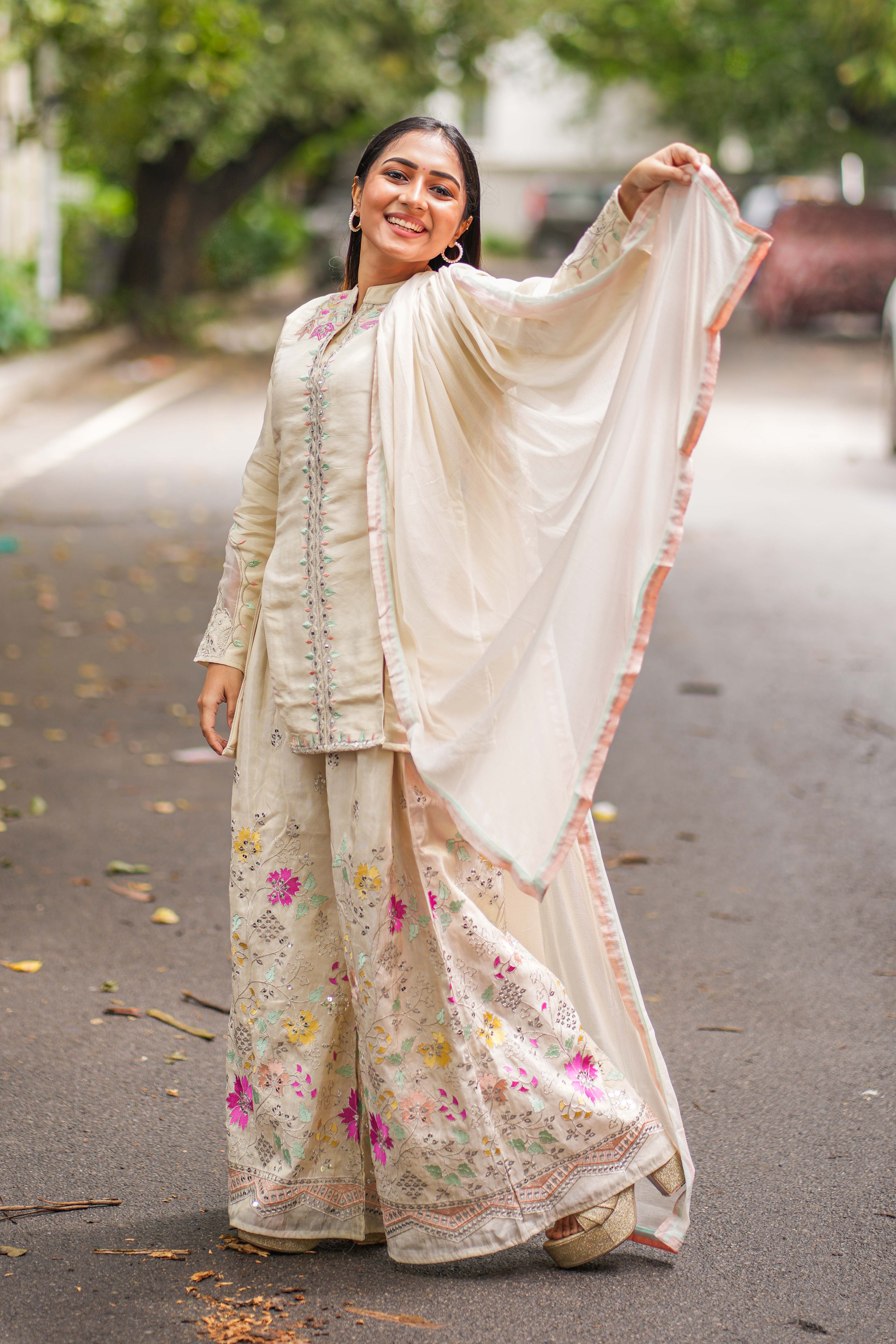 White fusion ethnic wear set