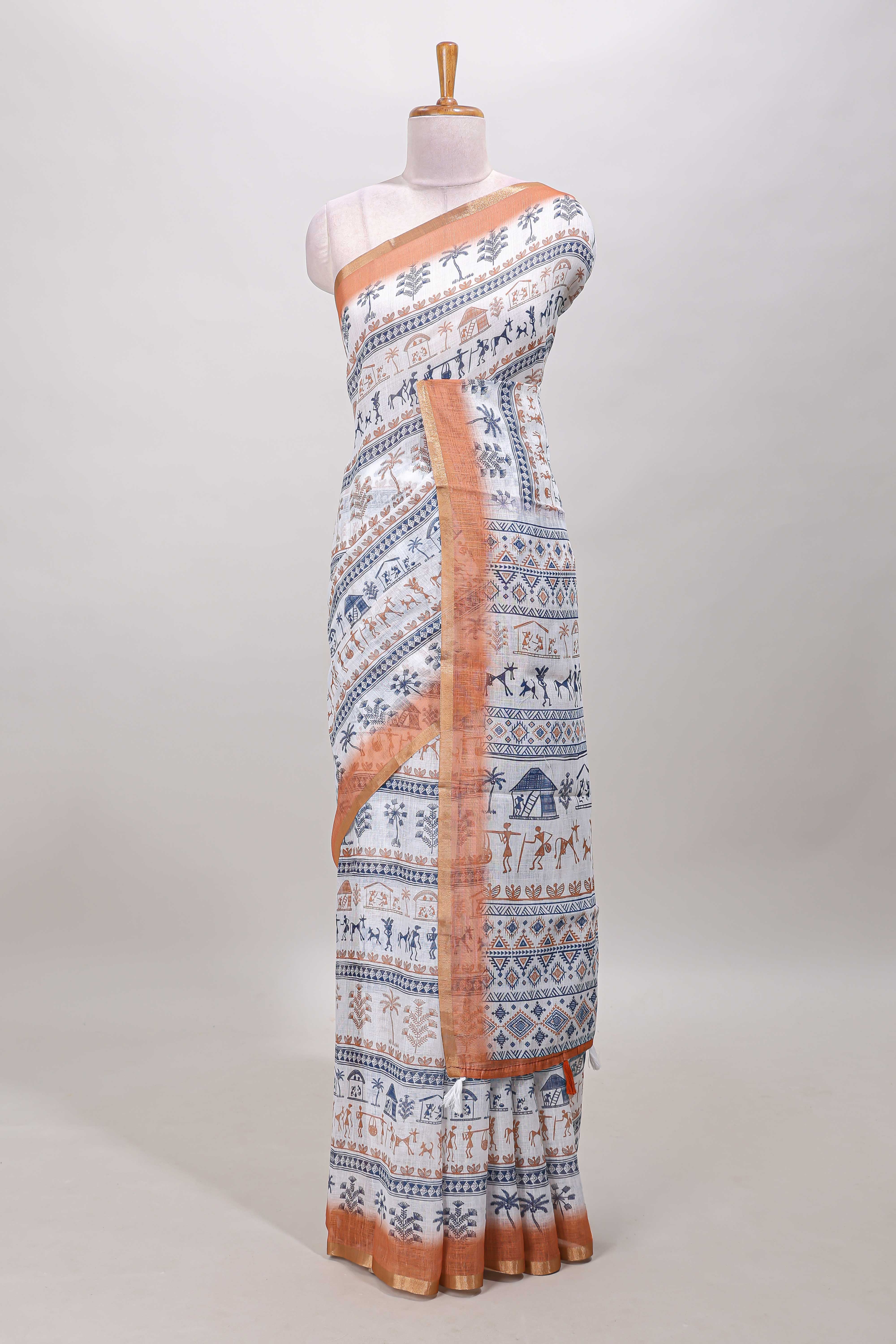 White linen cotton saree