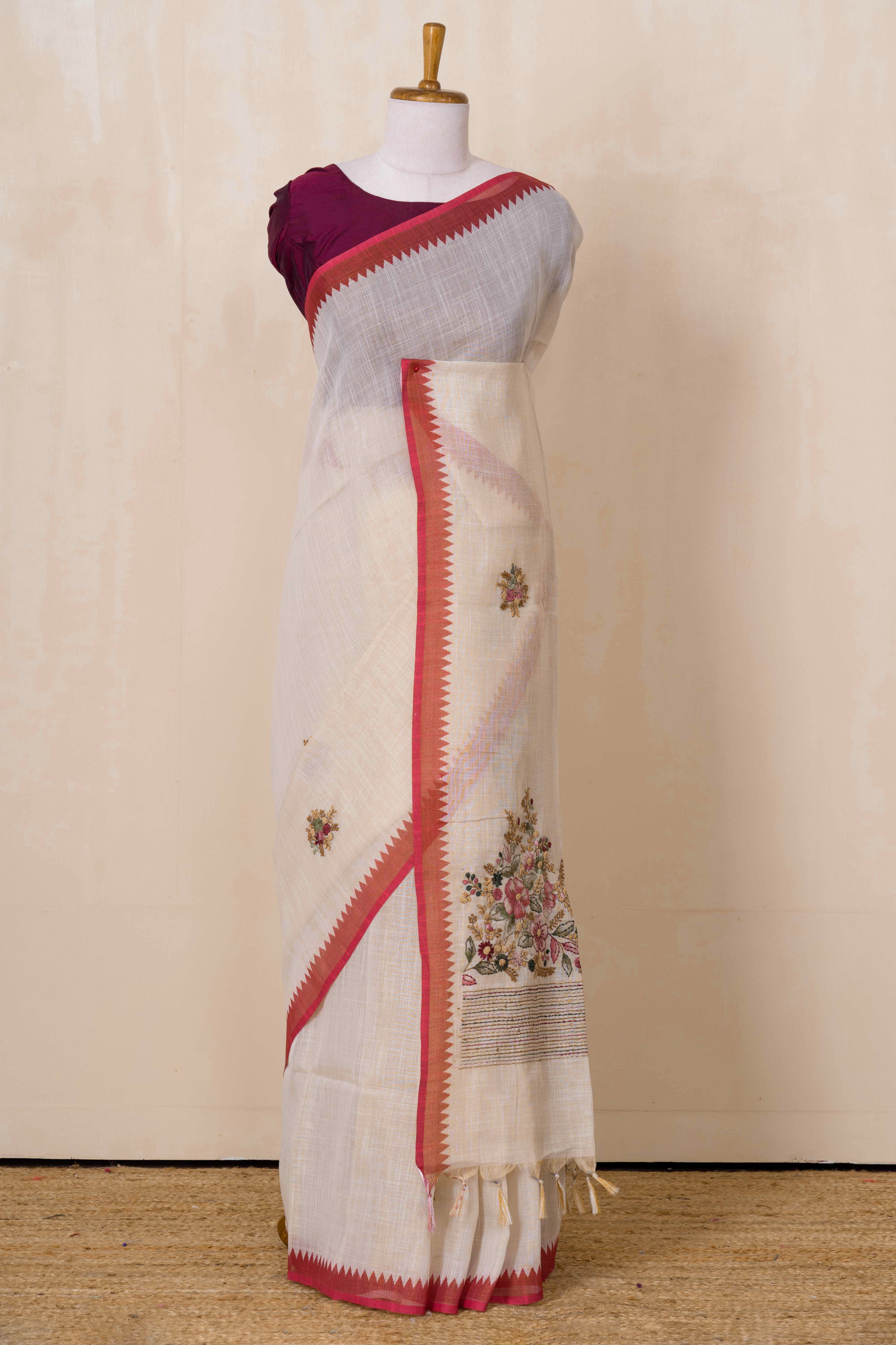 White linen weave saree